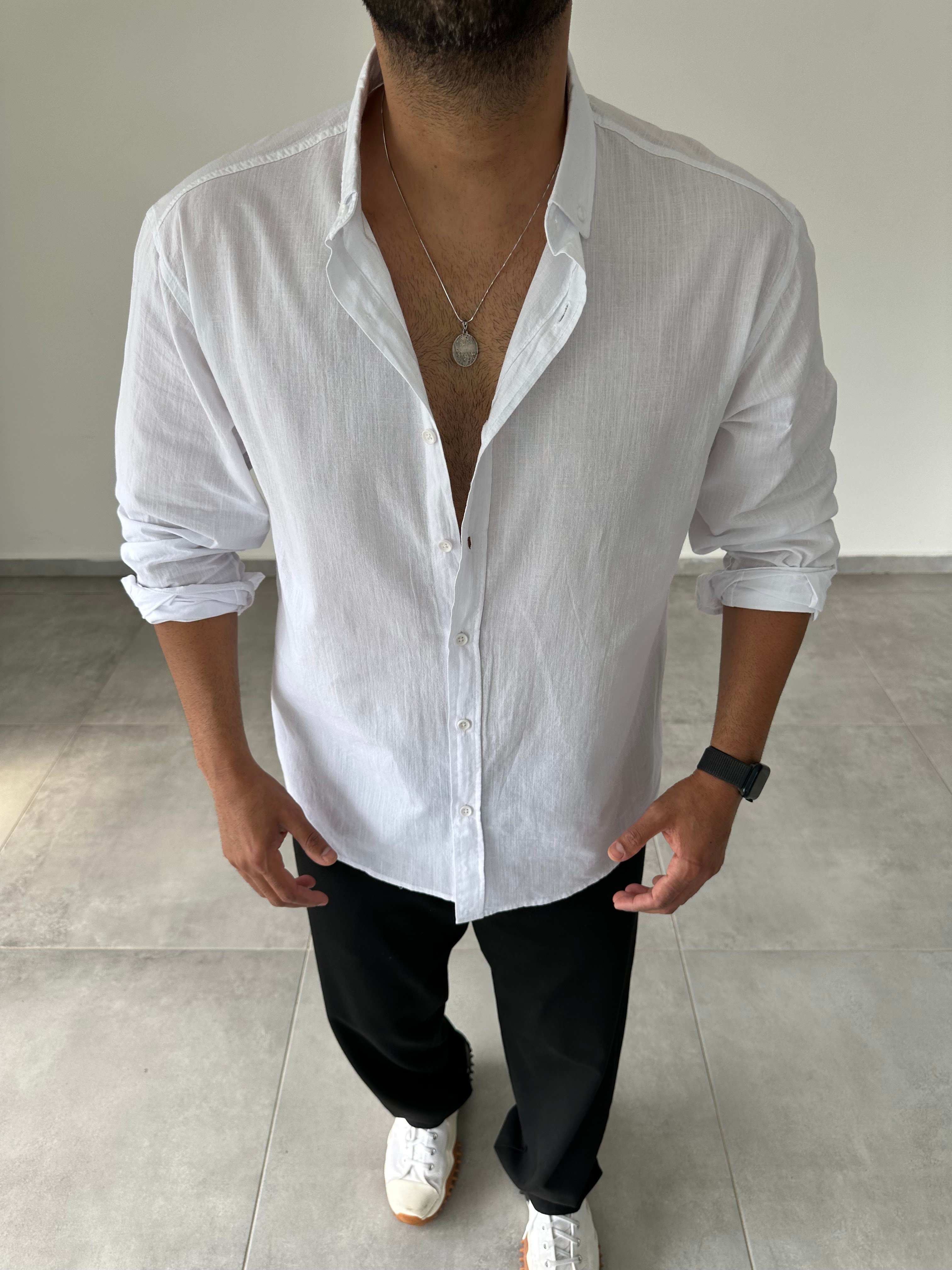 Beyaz Relax Fit Keten Gömlek