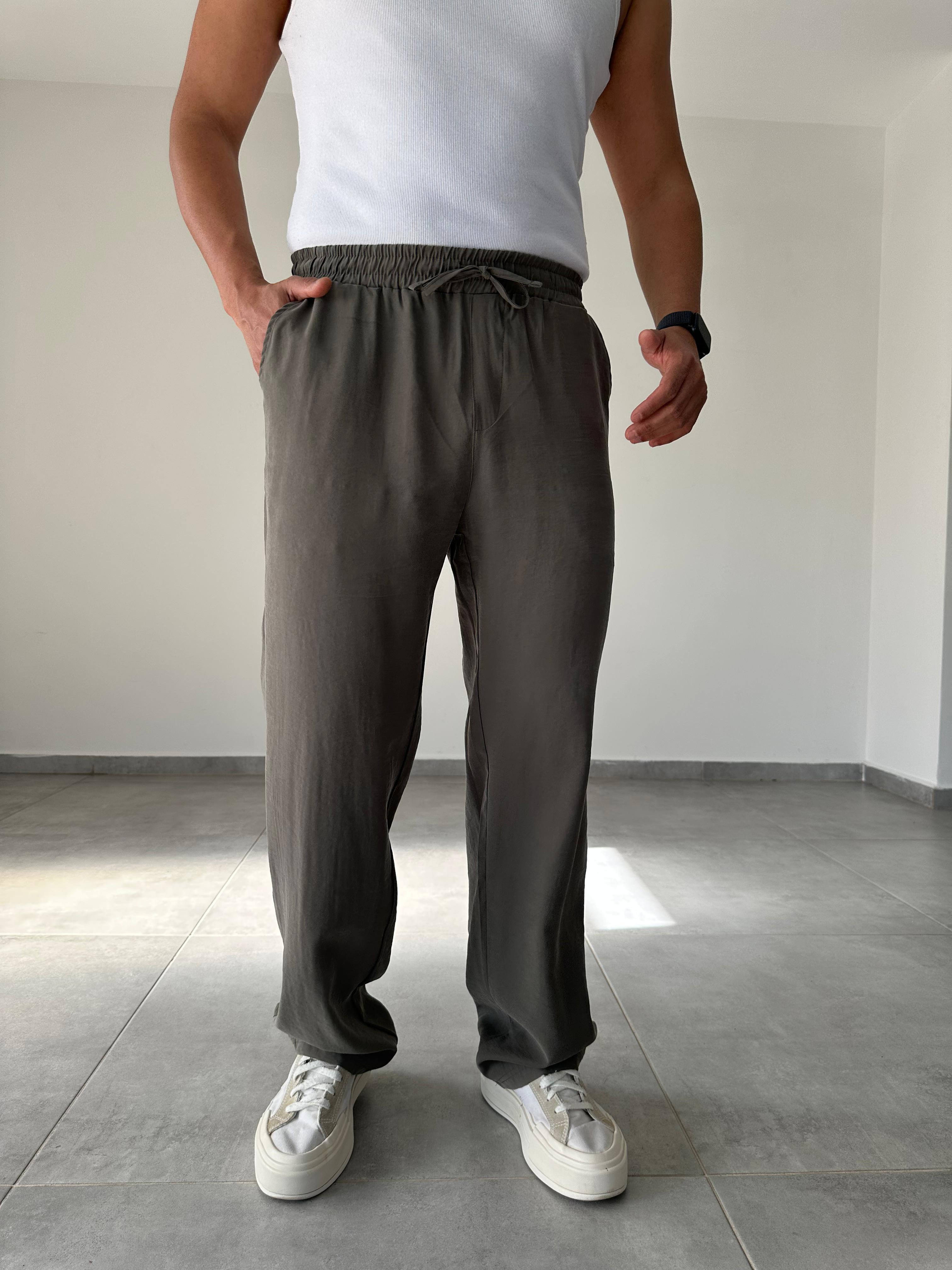 Modal Kumaş Haki Yeşil Renk Bel Kısmı Lastikli Basic Baggy Pantolon
