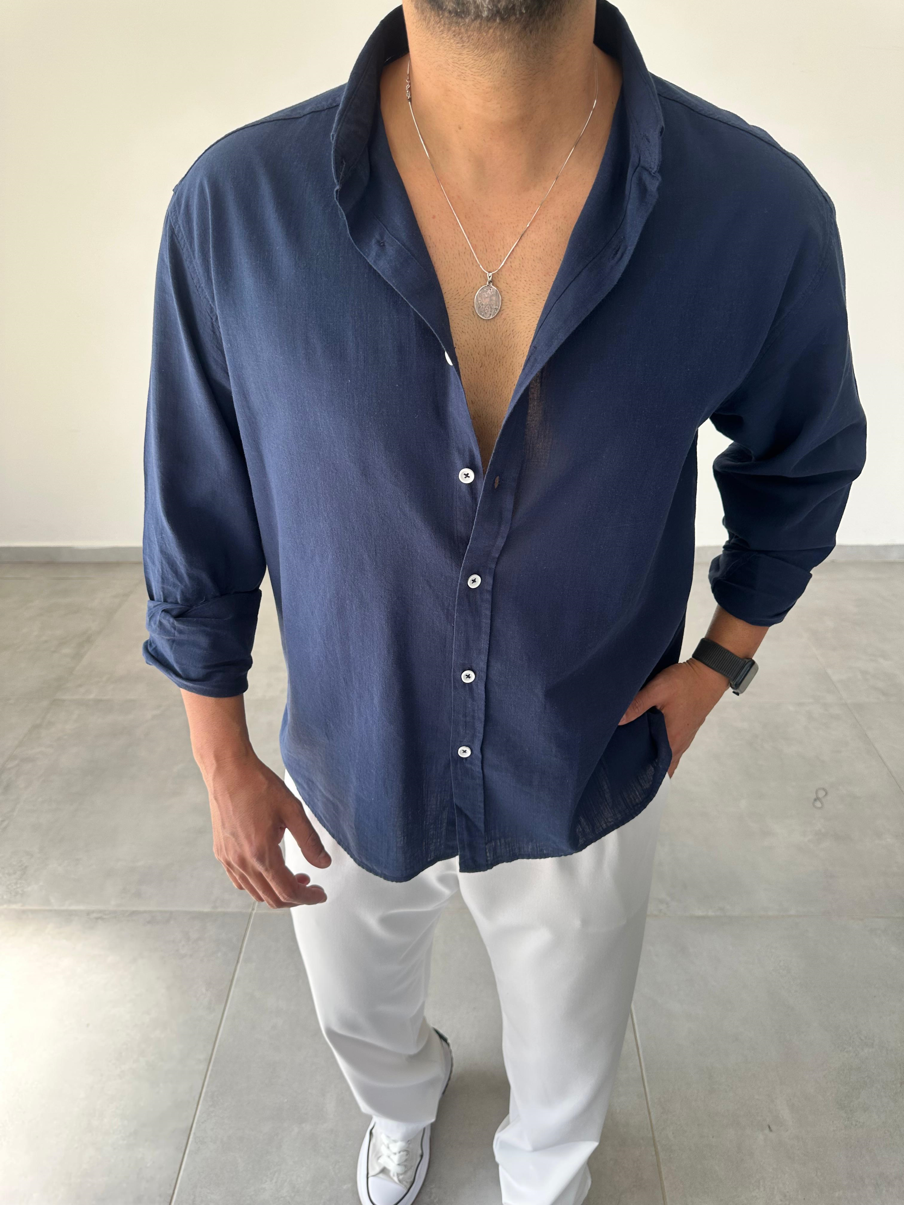 Lacivert Renk Oversize Kesim Fresh Keten Gömlek