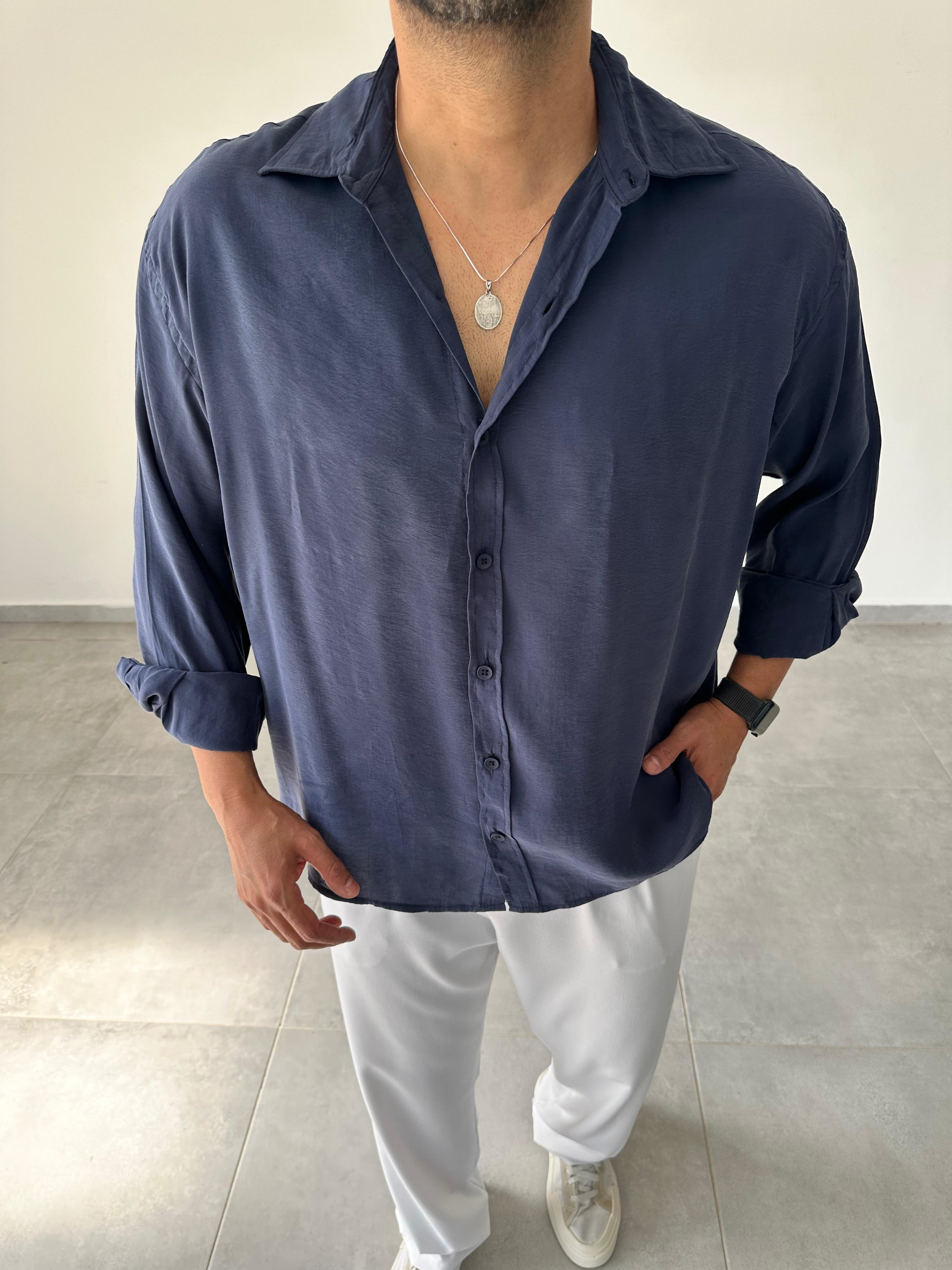 Lacivert Renk Modal Kumaş Oversize Kesim Basic Gömlek
