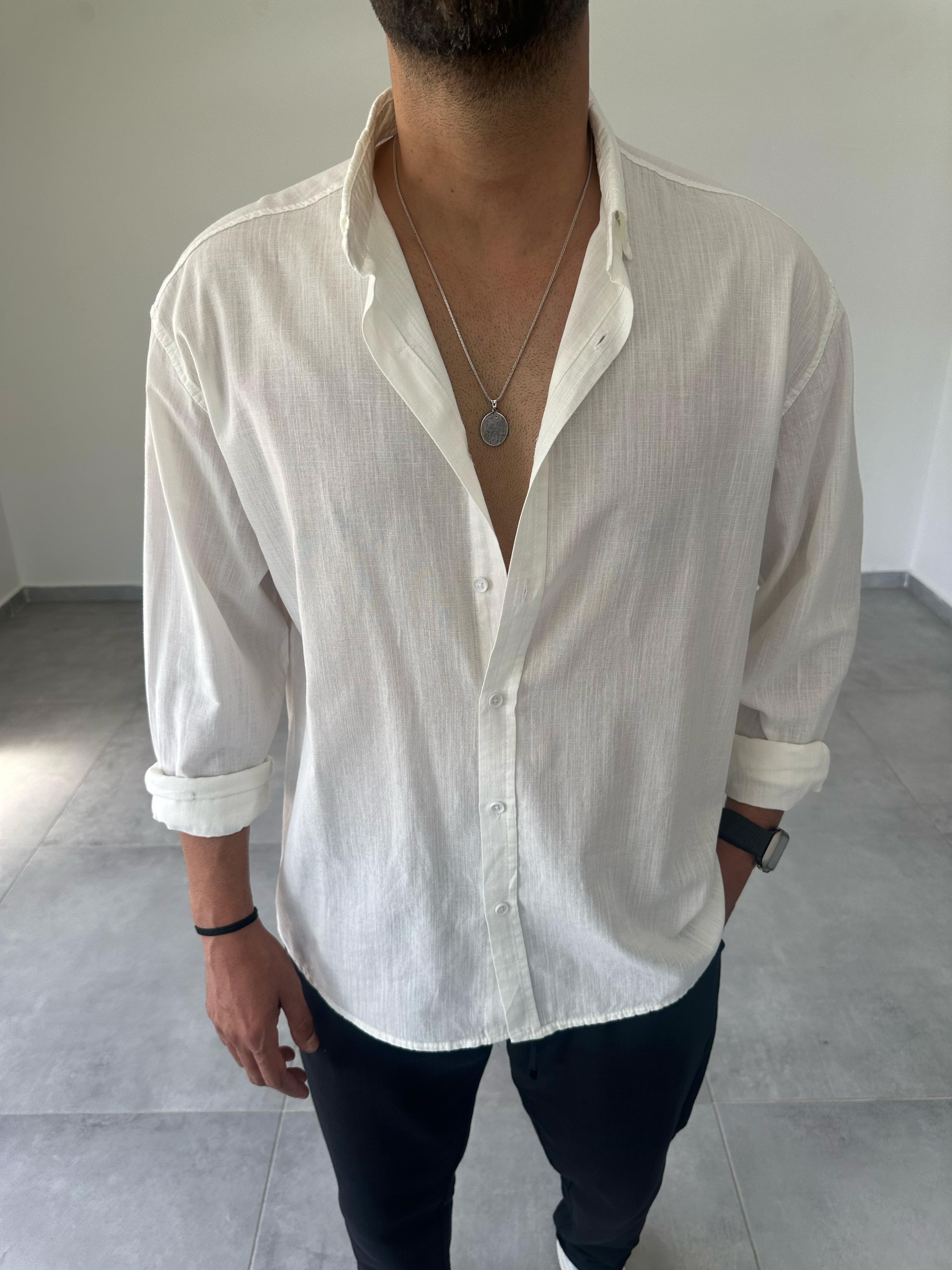 Beyaz Renk Oversize Kesim Fresh Keten Gömlek