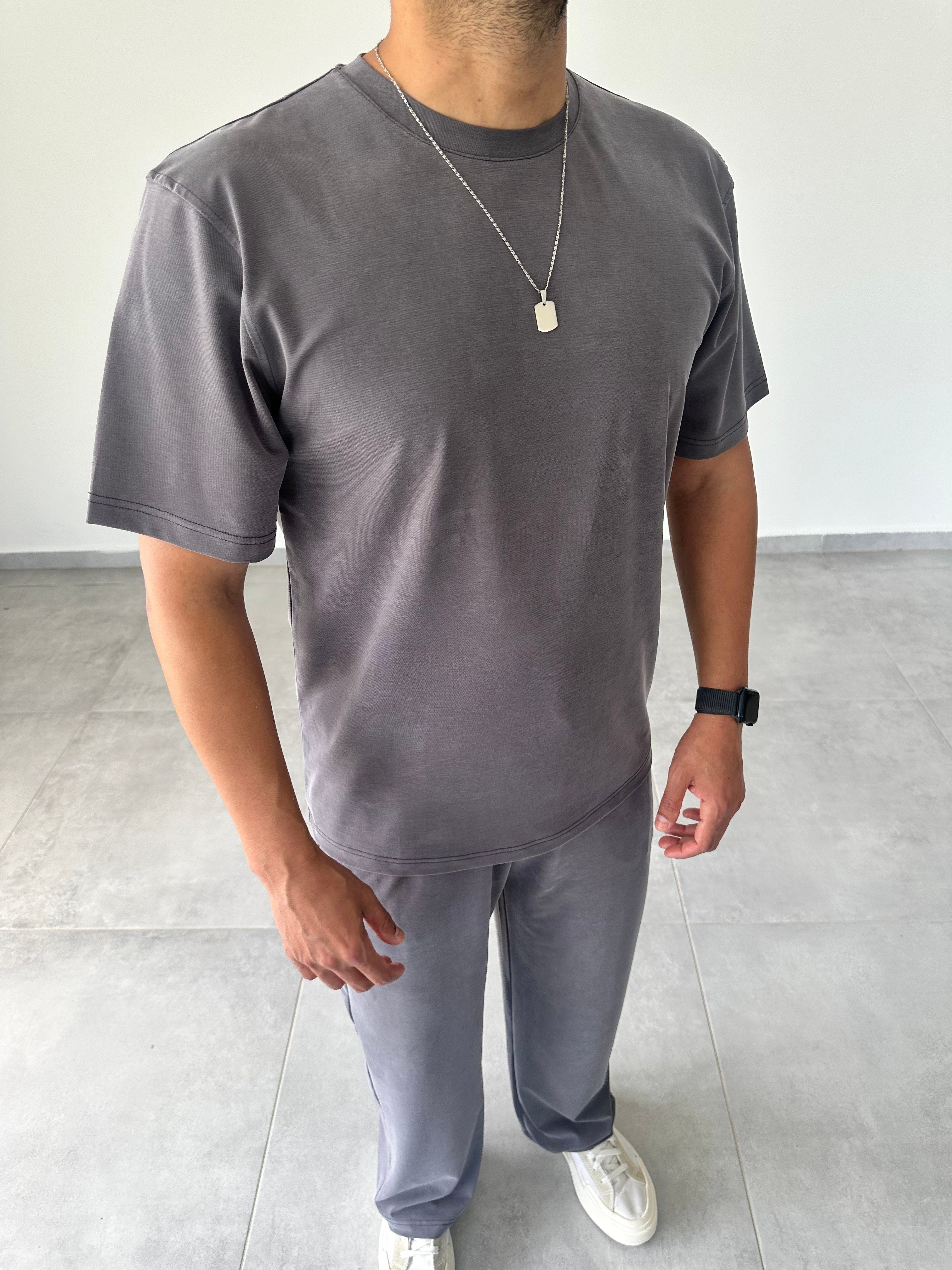 Füme Renk  Rahat Kesim Kupra Kumaş T-Shirt