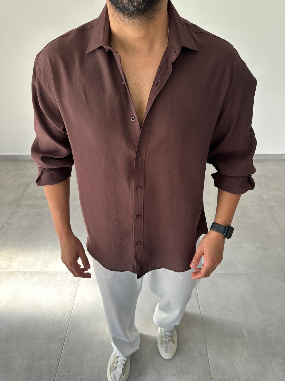 Modal Kumaş Kahve Renk Oversize Kesim Gömlek