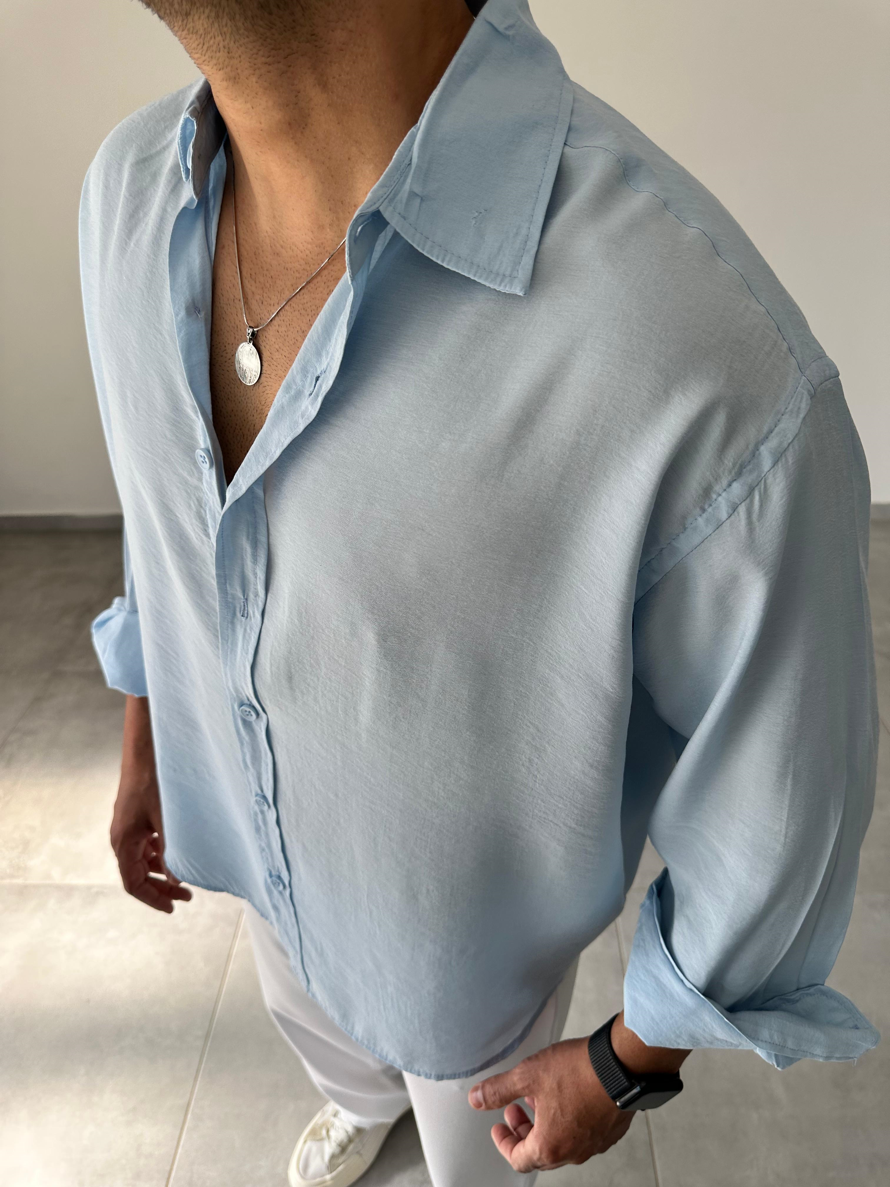 Bebe Mavisi Renk Modal Kumaş Oversize Kesim Basic Gömlek