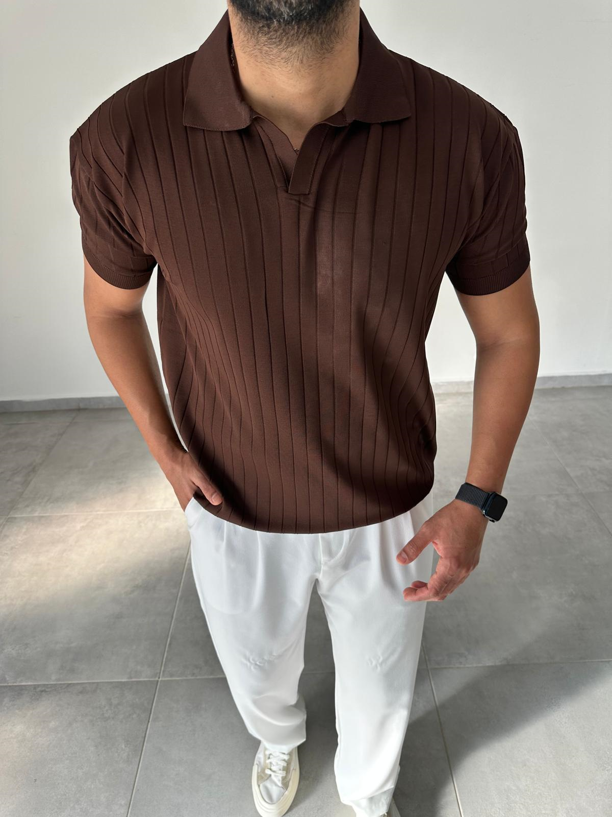 Kahve Renk Şerit Detaylı Polo Yaka T-Shirt