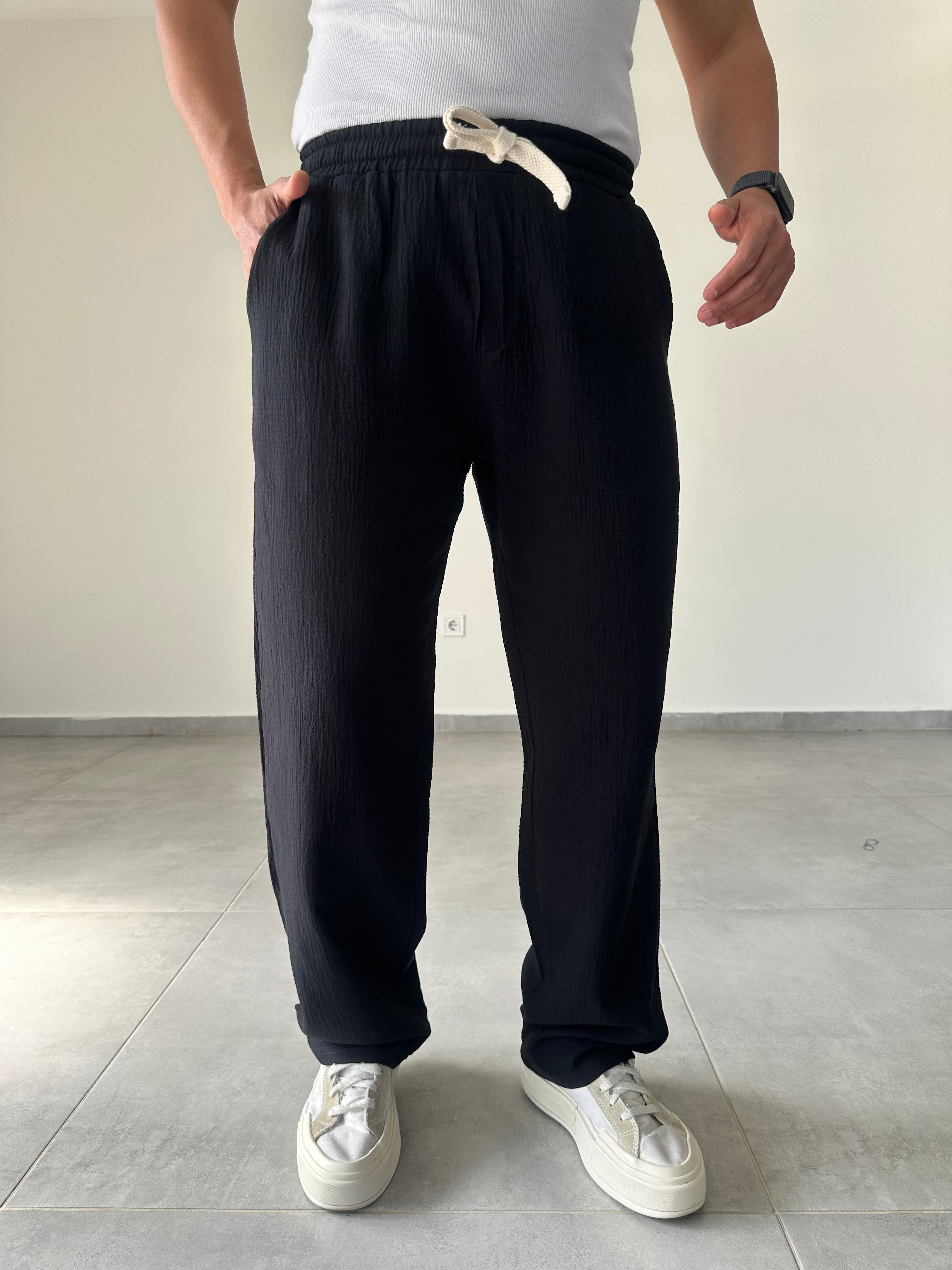 Siyah Renk Müslin Keten Baggy Pantolon
