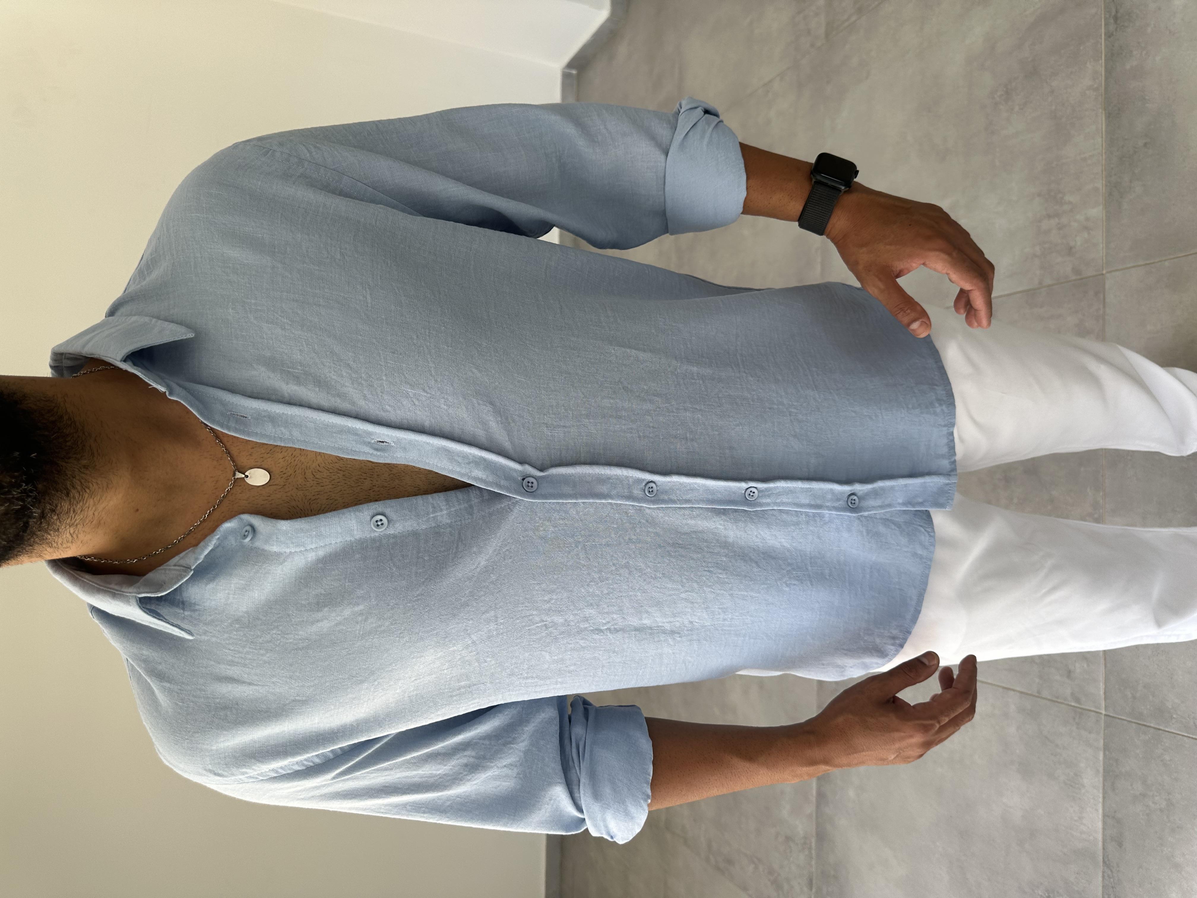 Bebe Mavisi Renk Comfort Fit Keten Gömlek
