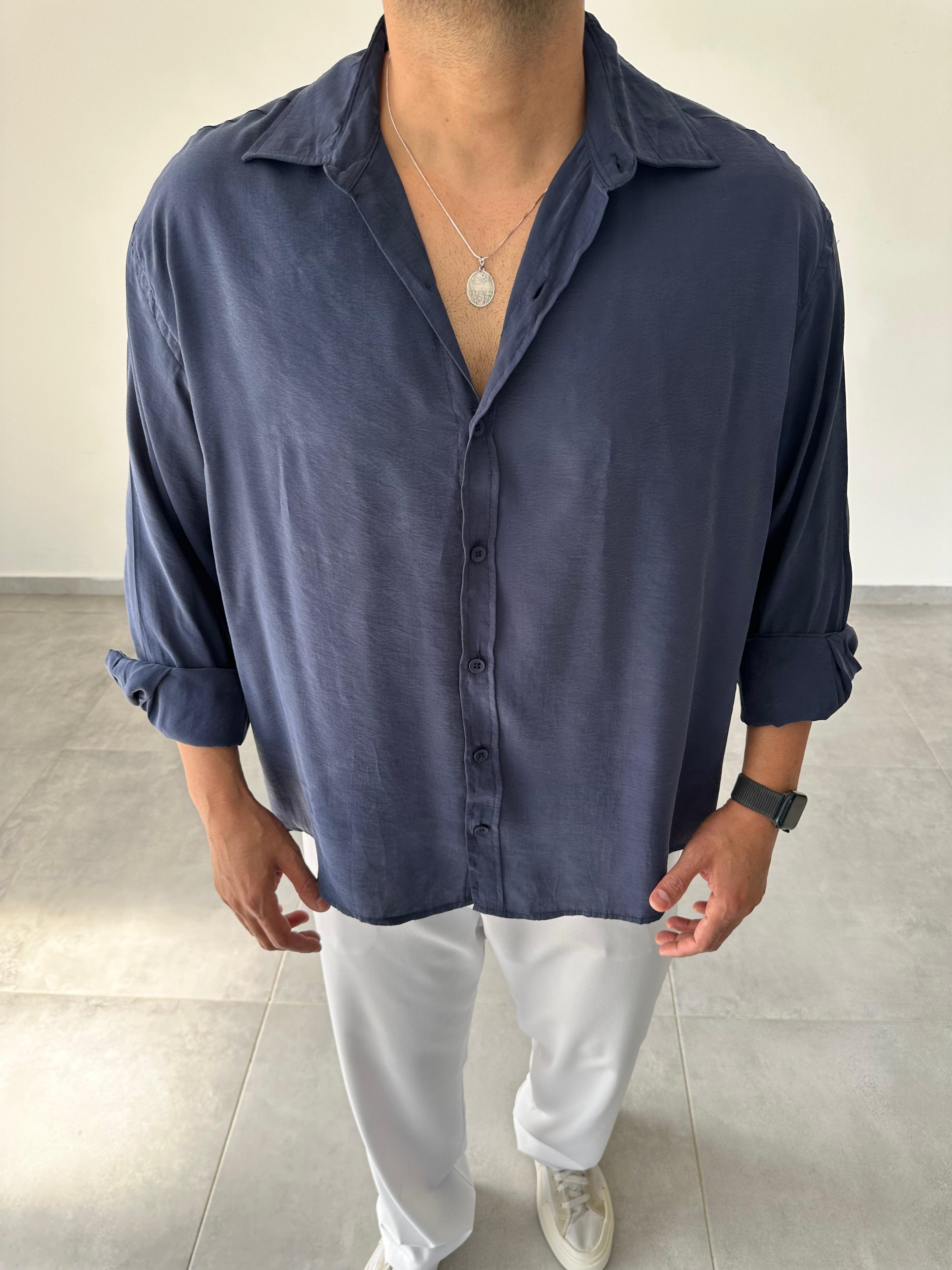 Lacivert Renk Modal Kumaş Oversize Kesim Basic Gömlek