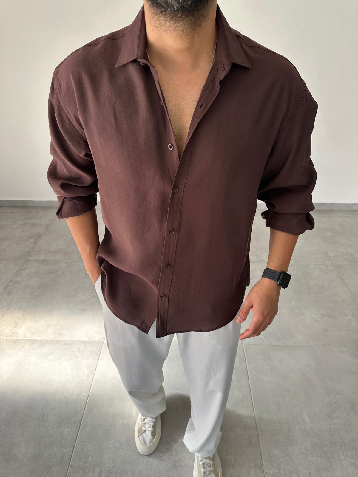 Modal Kumaş Kahve Renk Oversize Kesim Gömlek