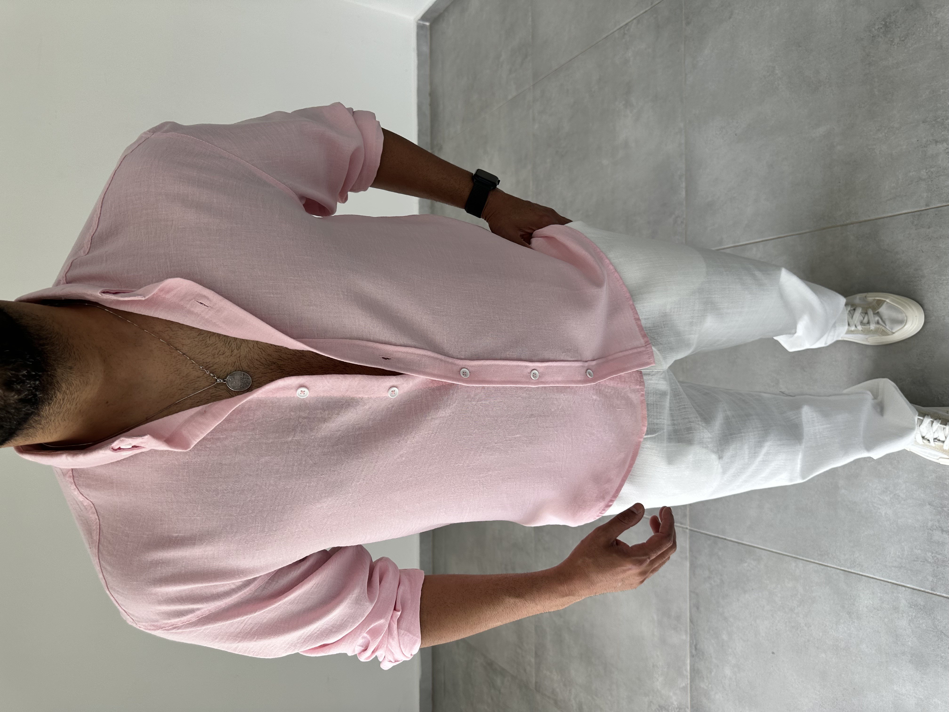 Pembe Renk Relax Fit Keten Gömlek