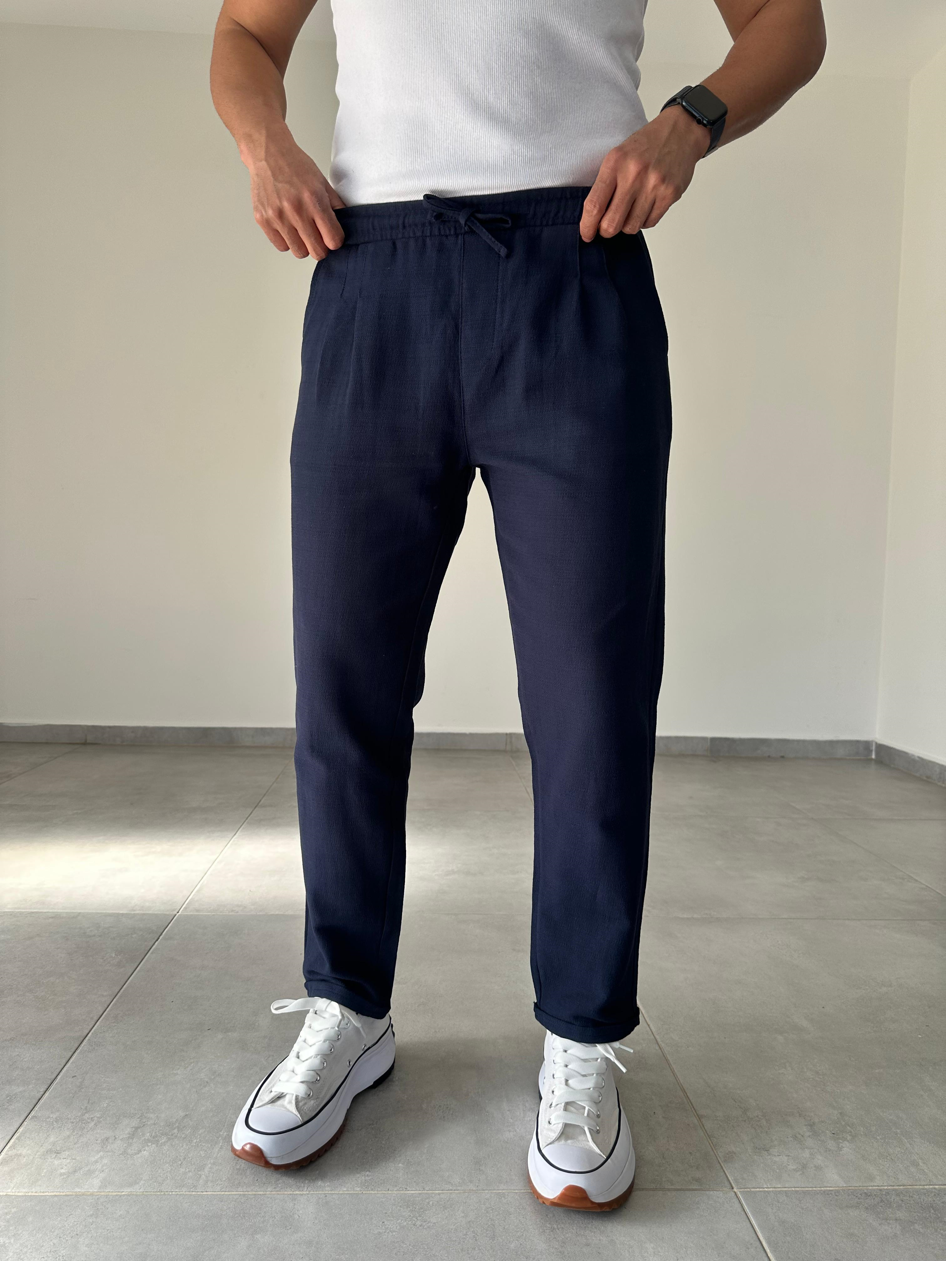 Lacivert Renk Ön Kısmı Pile Detaylı Double Paça Keten Pantolon