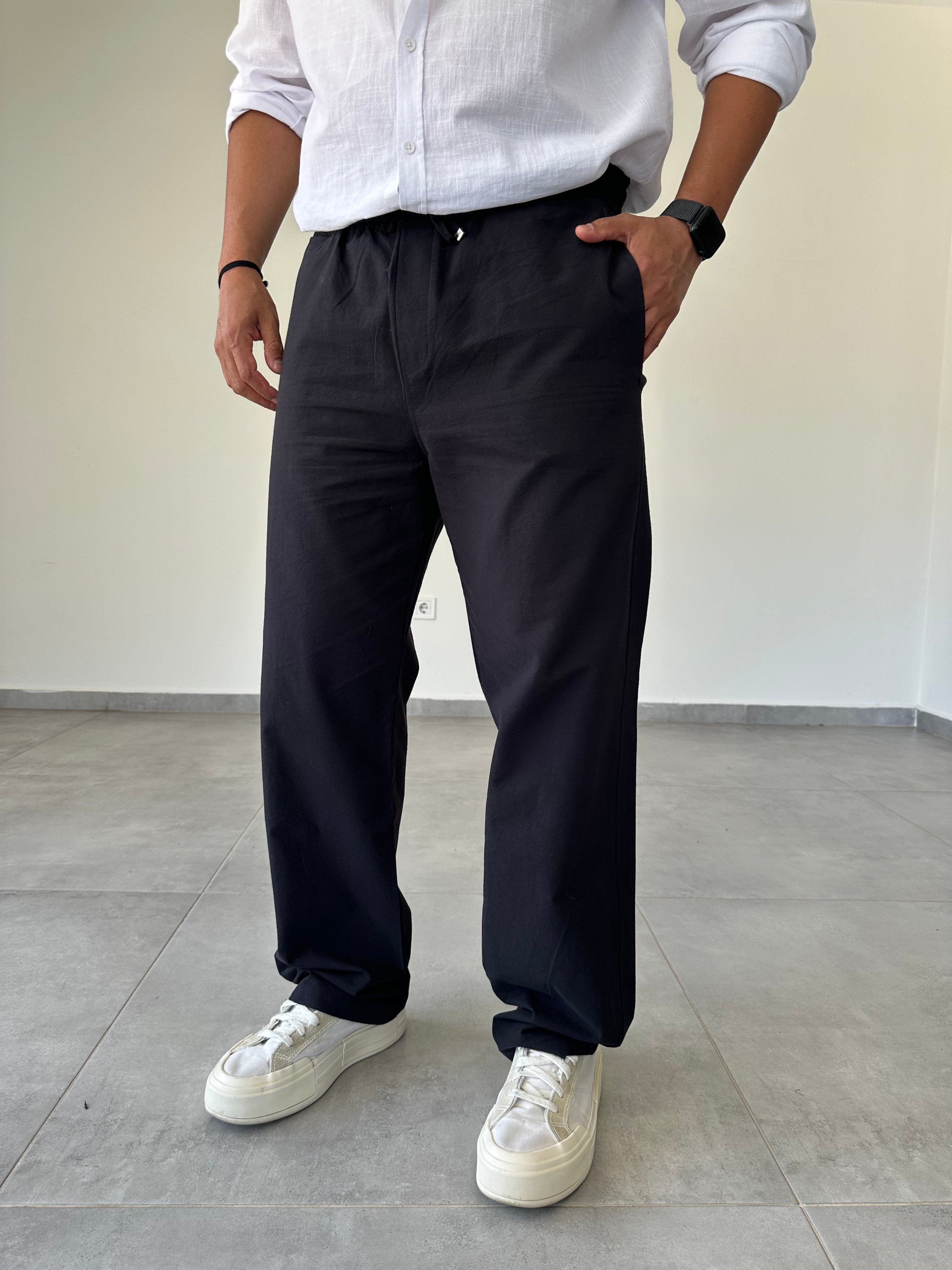 Gabardin Kumaş Siyah Renk Rahat Kesim İnce Baggy Pantolon