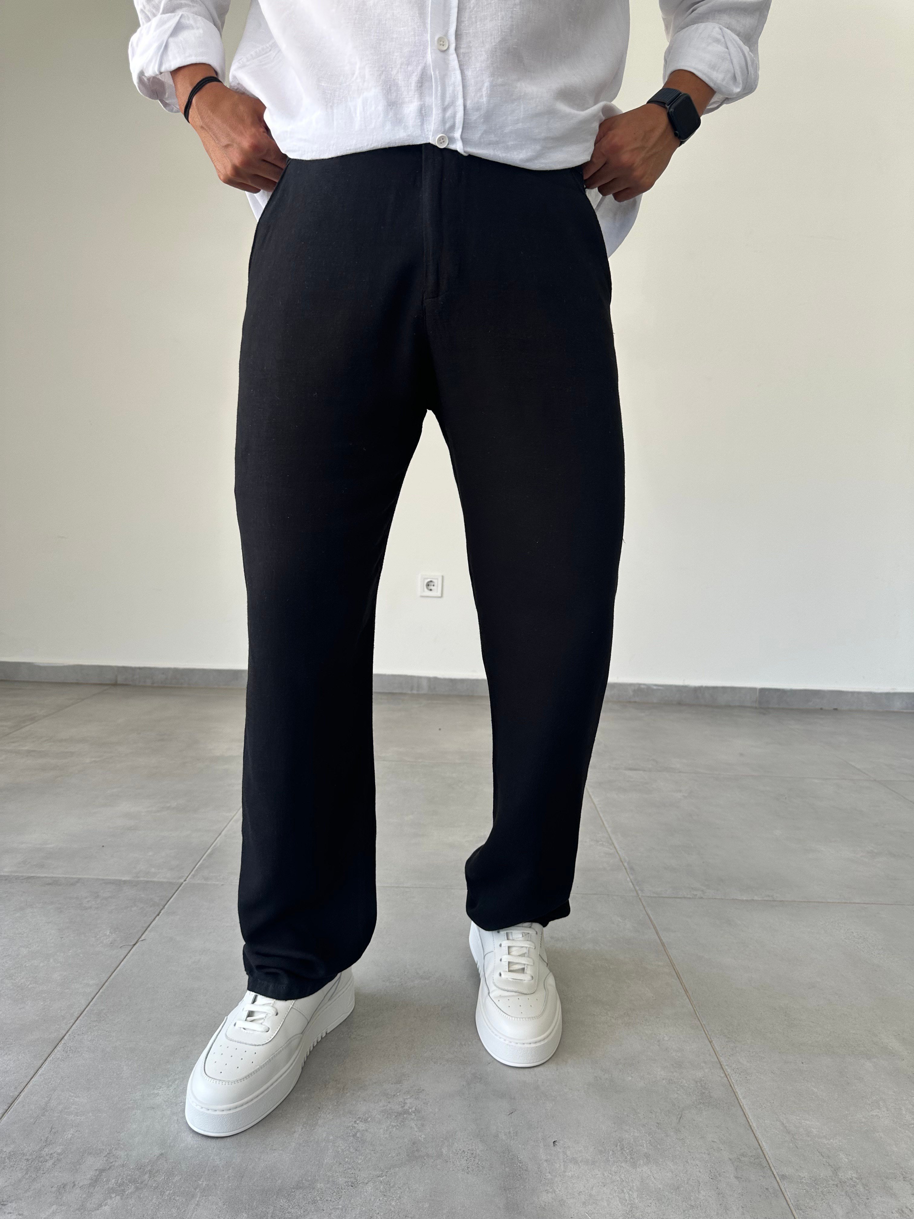 Siyah Renk Bel Kısmı Lastik Ve Bağcık Detaylı Yıkamalı Keten Pantolon