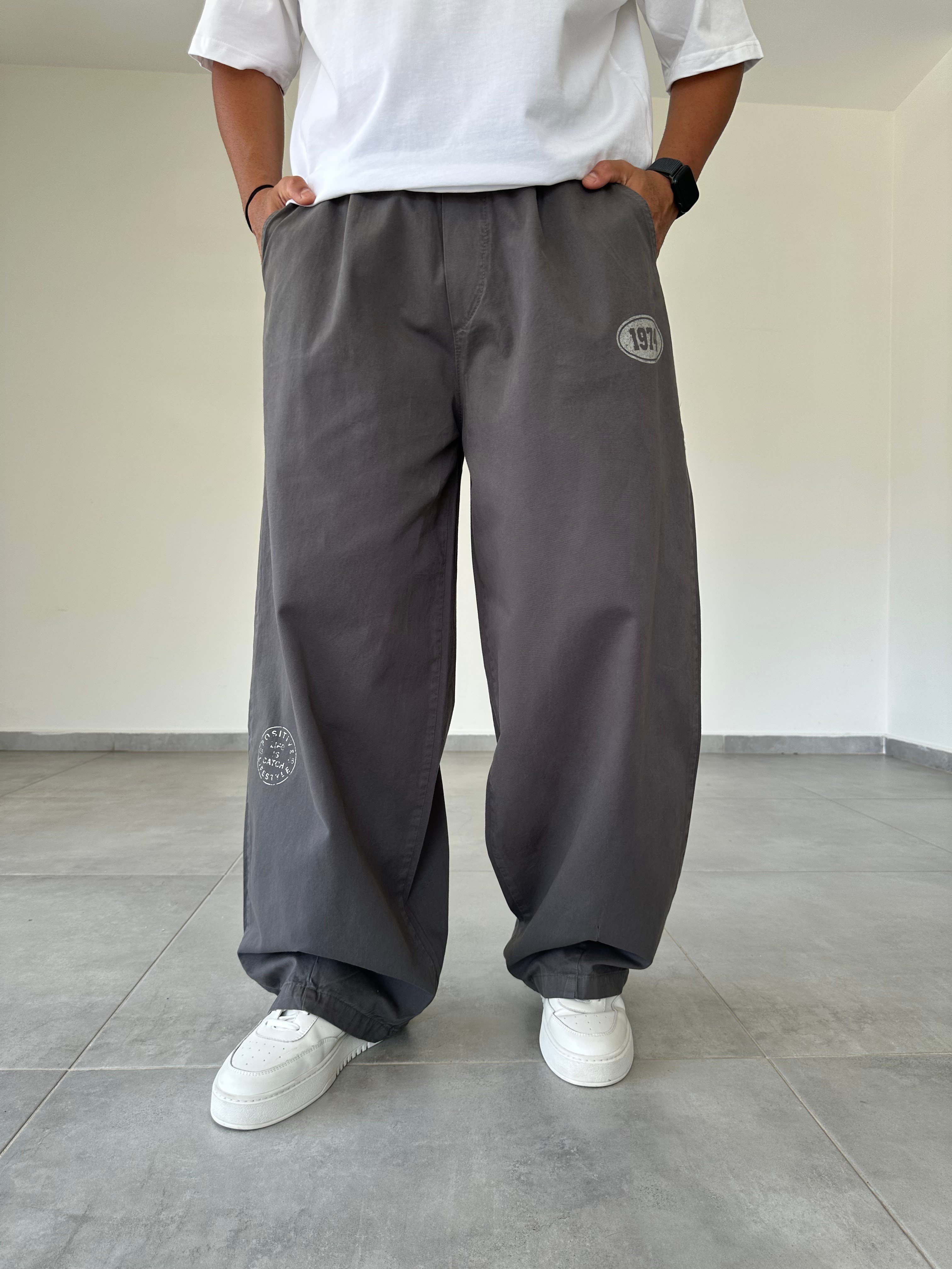 Füme Renk 1974 Baskı Detaylı Ekstra Bol Gabardin Baggy