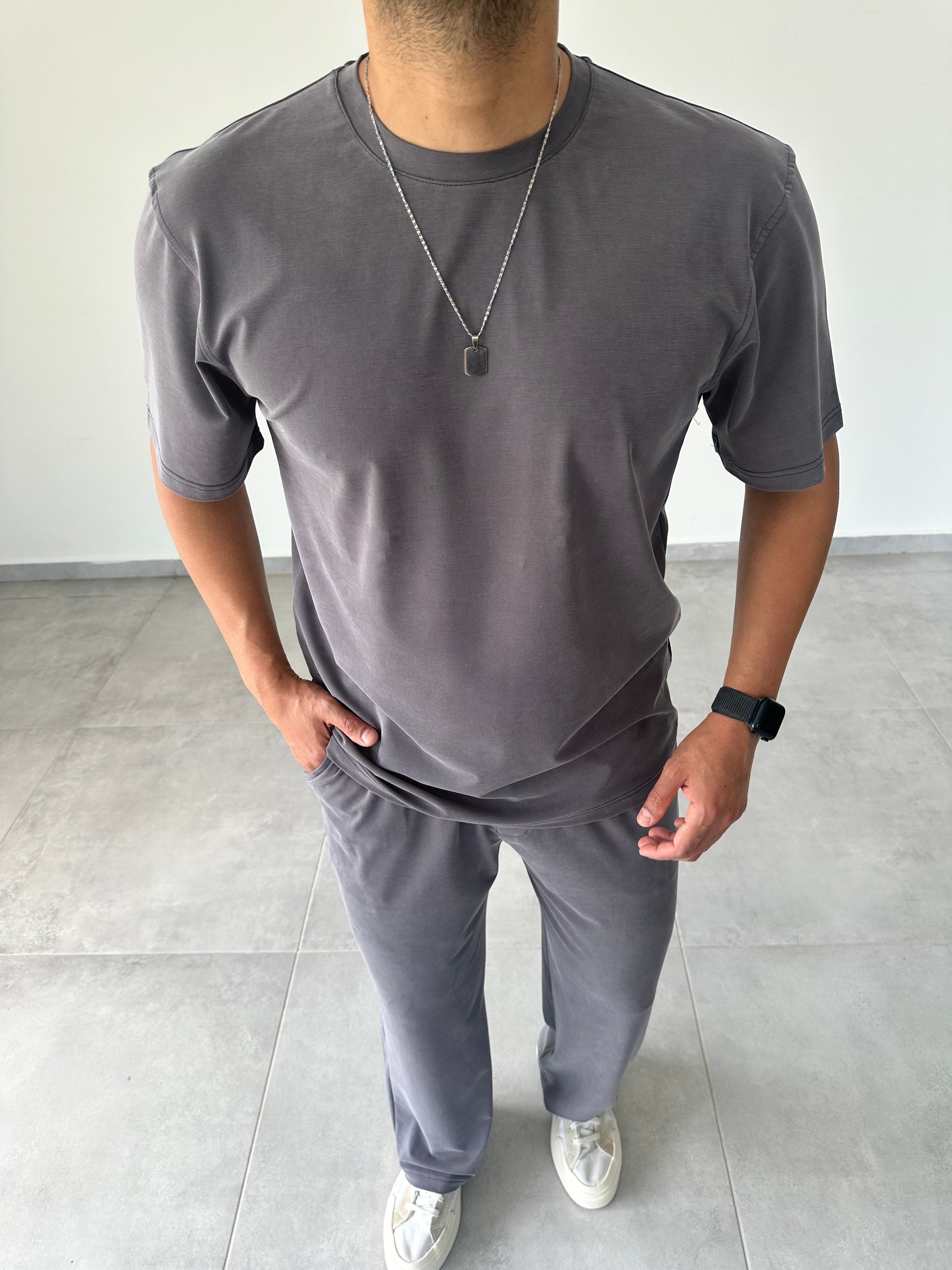 Füme Renk  Rahat Kesim Kupra Kumaş T-Shirt