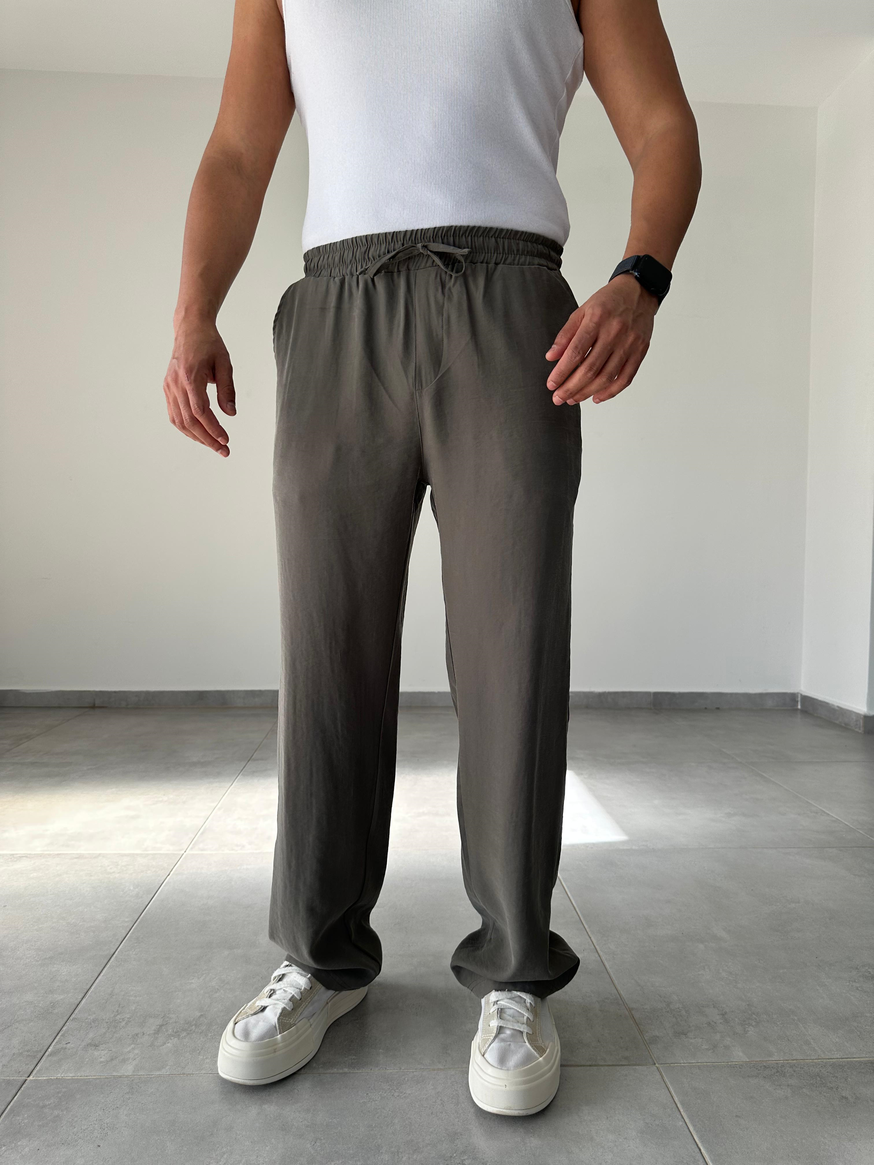 Modal Kumaş Haki Yeşil Renk Bel Kısmı Lastikli Basic Baggy Pantolon