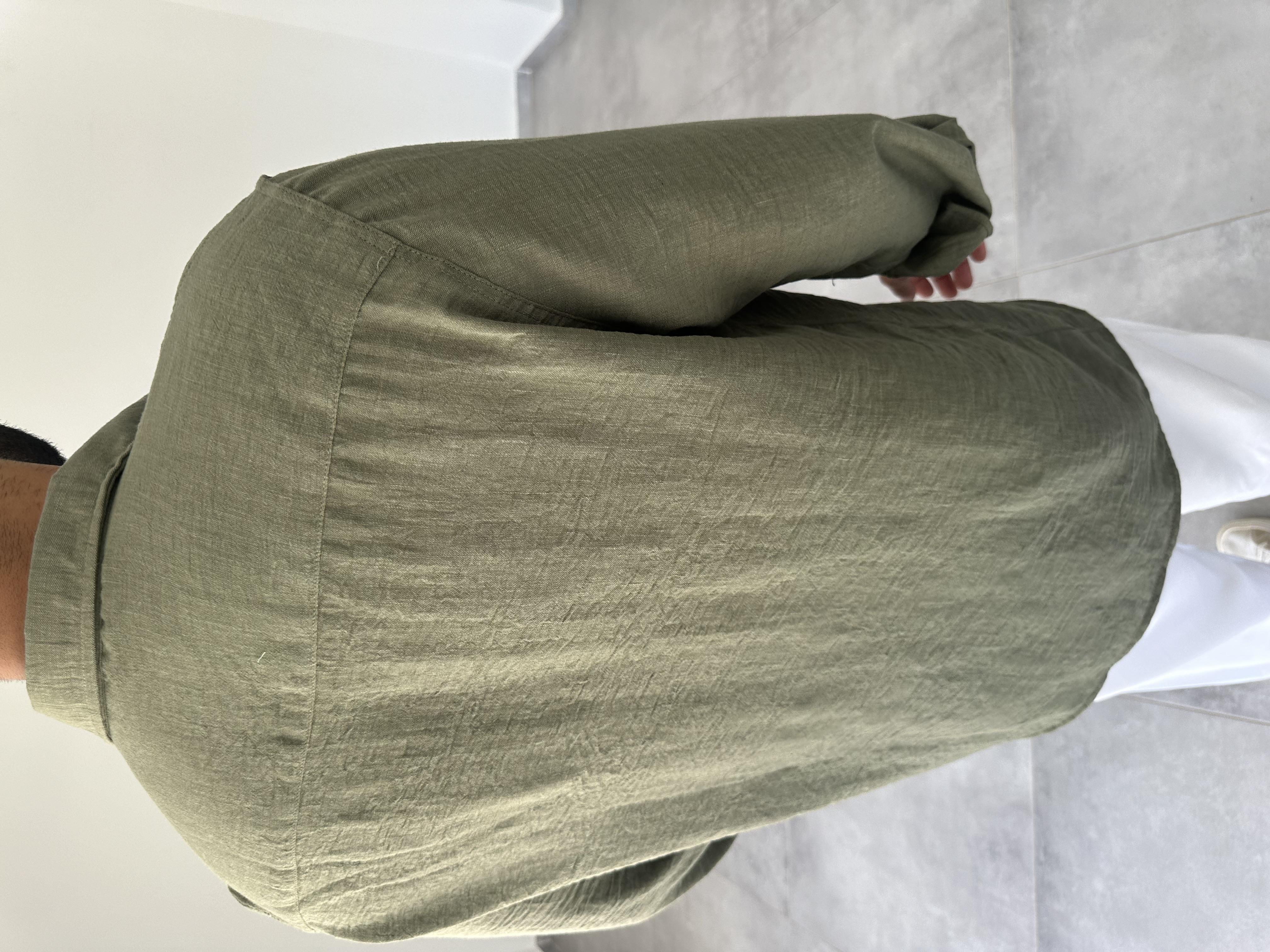 Haki Yeşili Comfort Fit Keten Gömlek