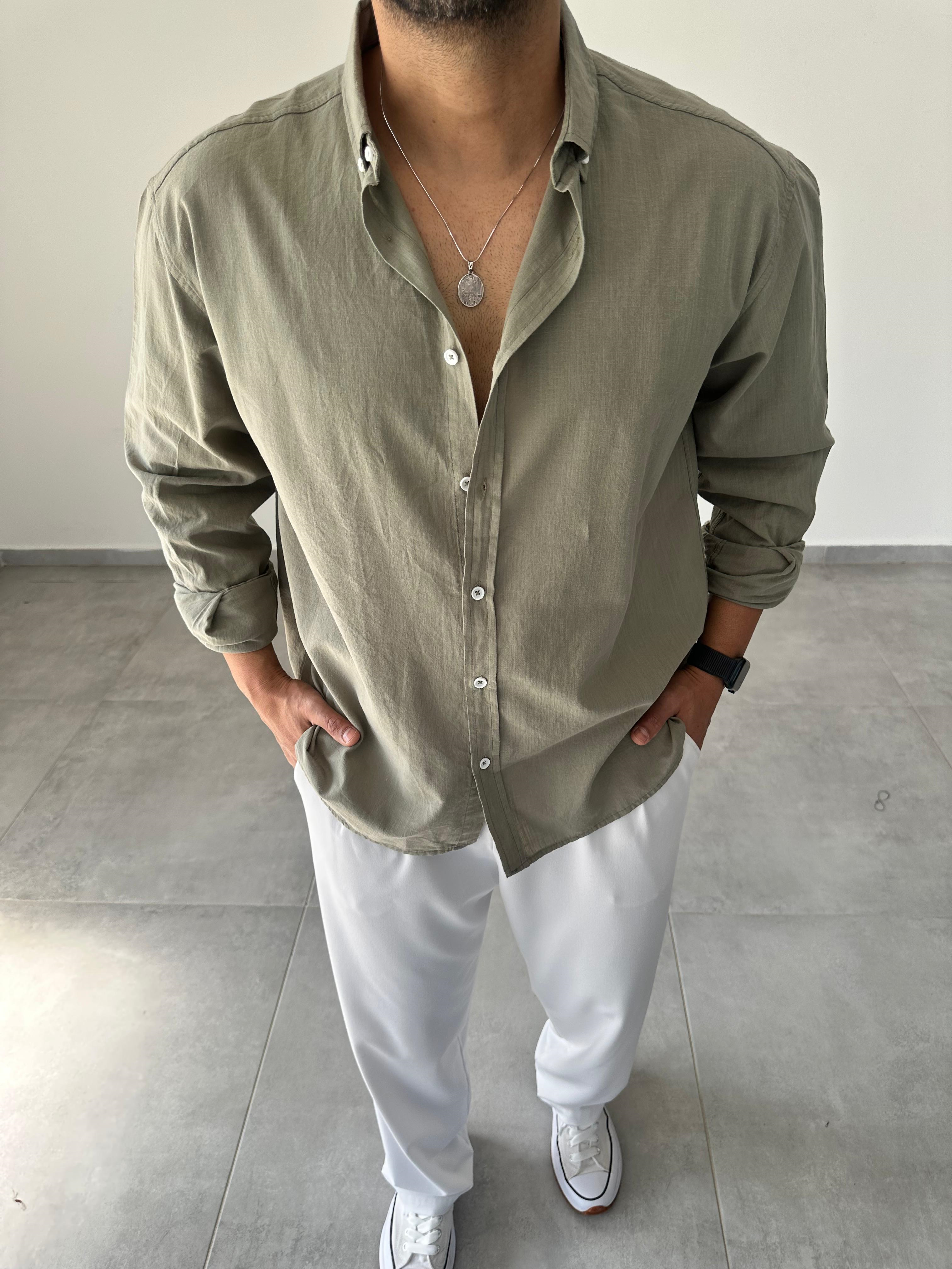 Haki Yeşili Oversize Kesim Fresh Keten Gömlek