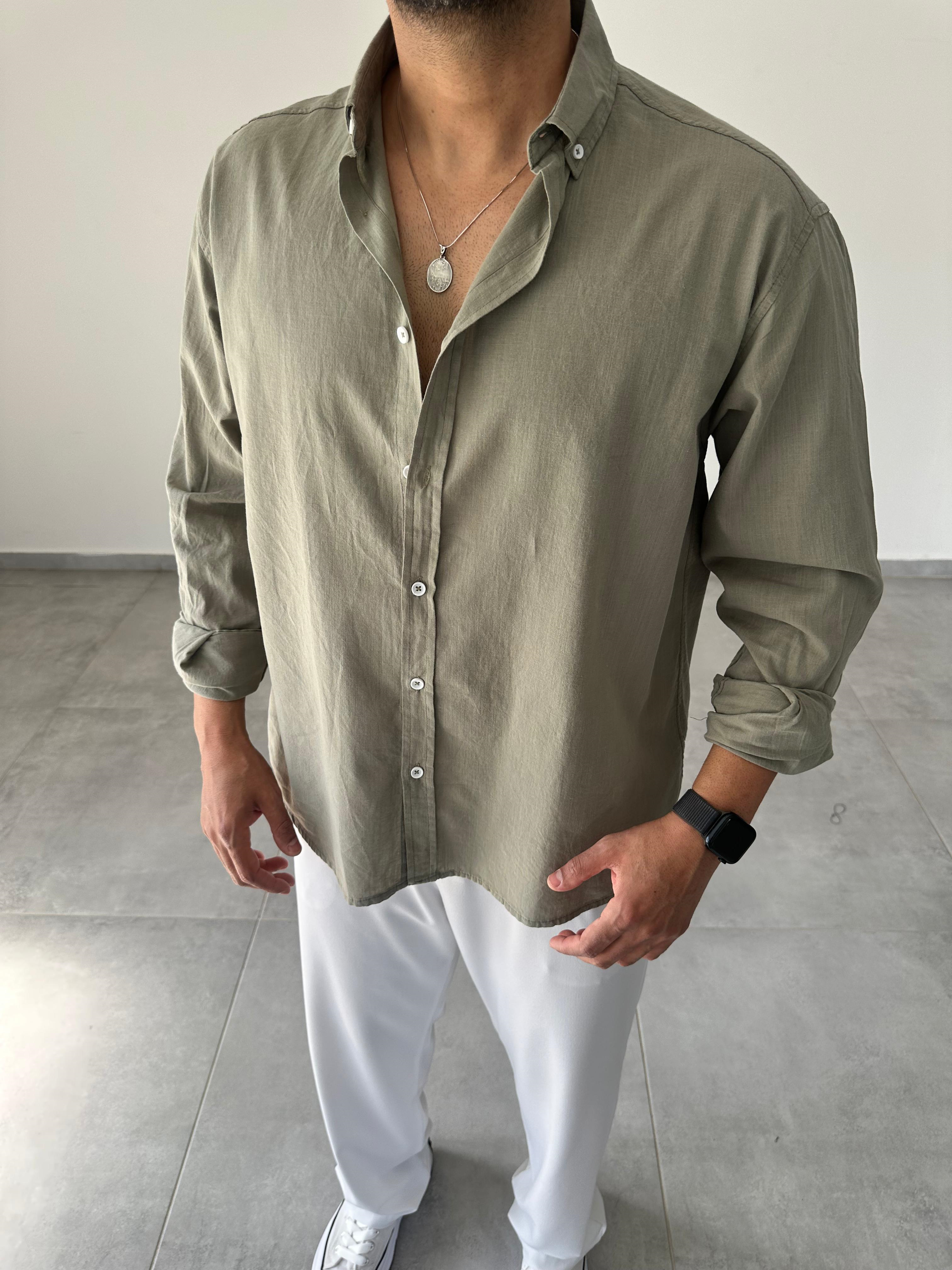 Haki Yeşili Oversize Kesim Fresh Keten Gömlek