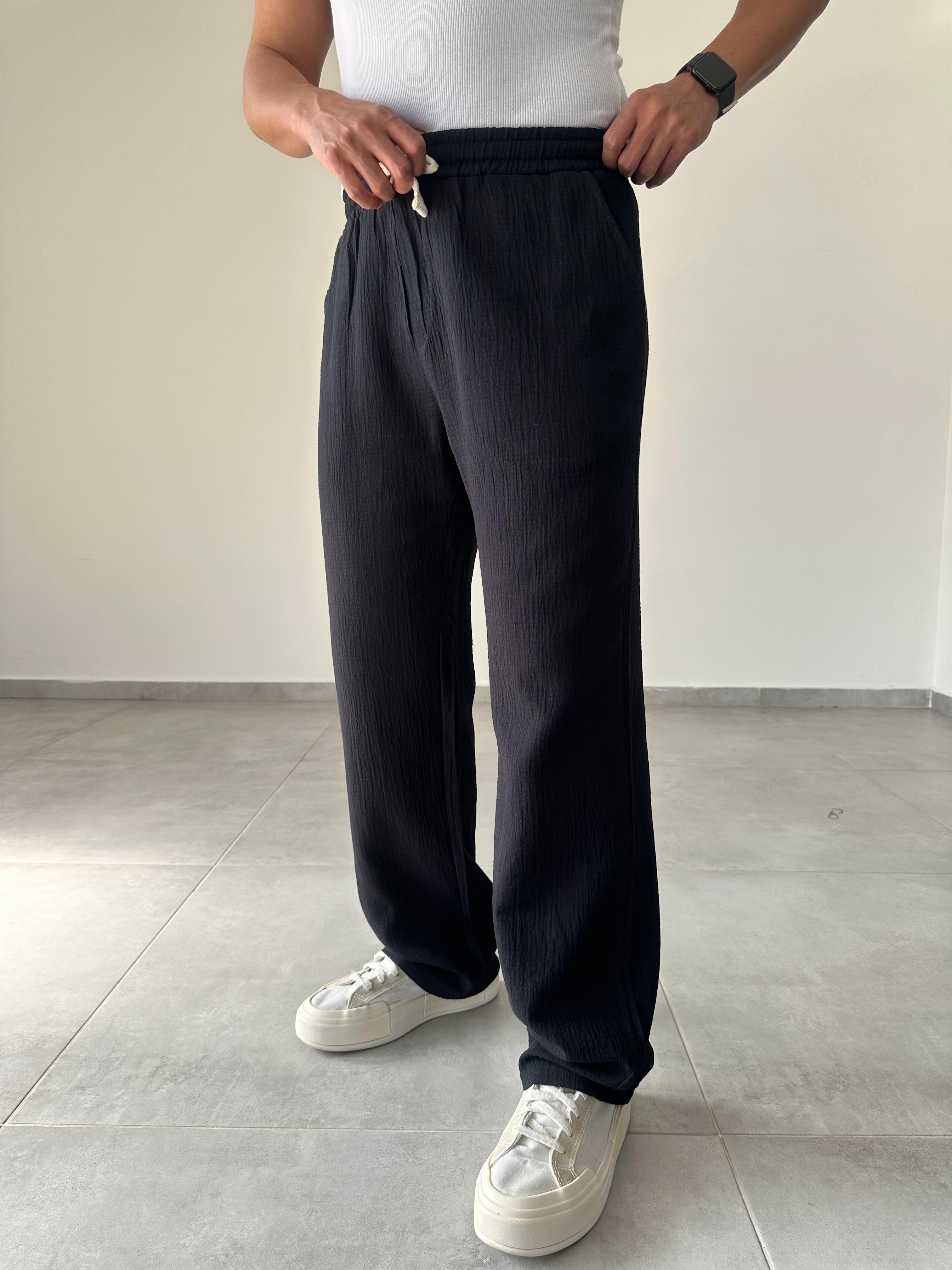 Siyah Renk Müslin Keten Baggy Pantolon