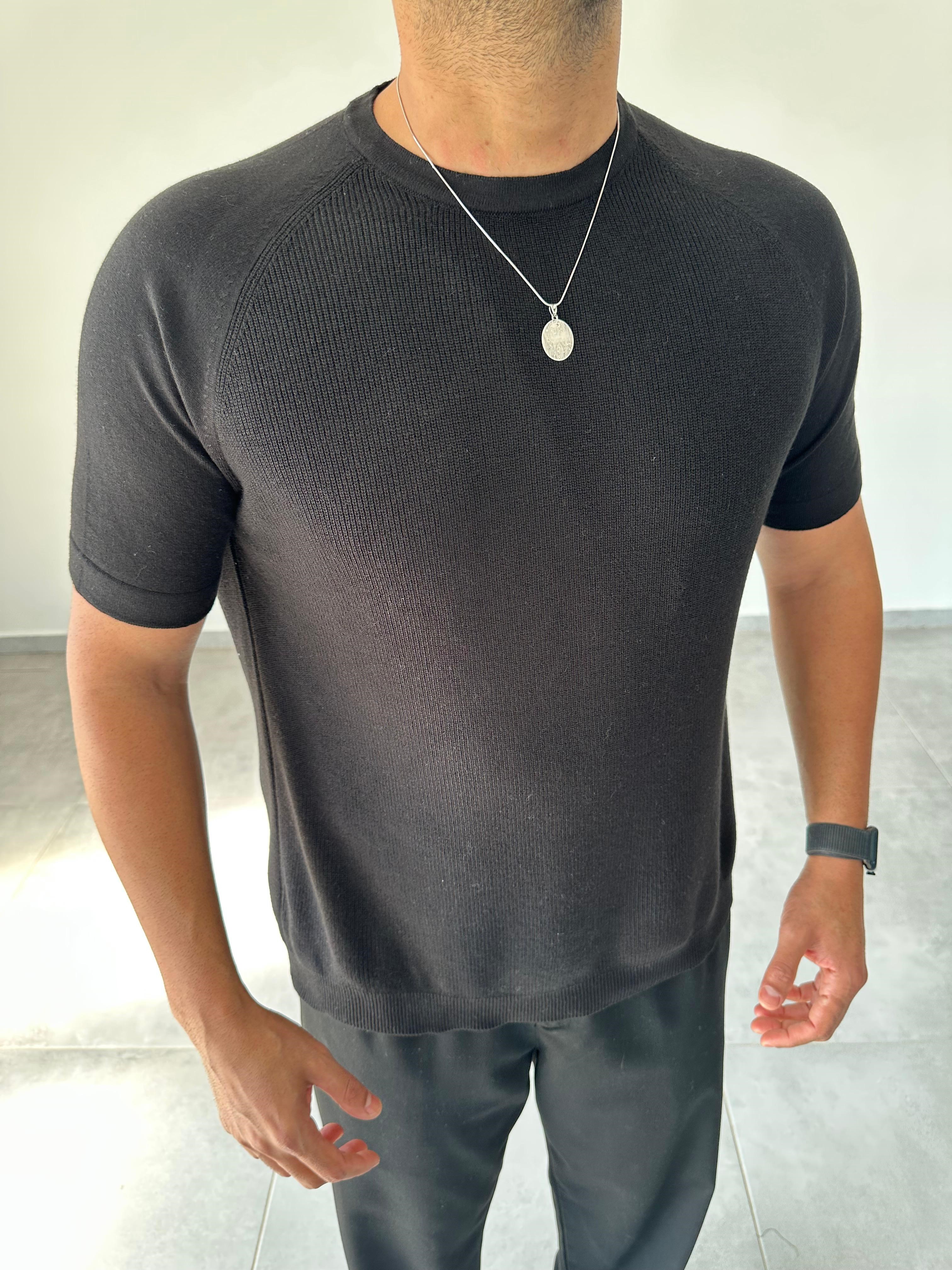 Reglan Kol Detaylı Siyah Renk Premium Kalite Basic Triko T-Shirt