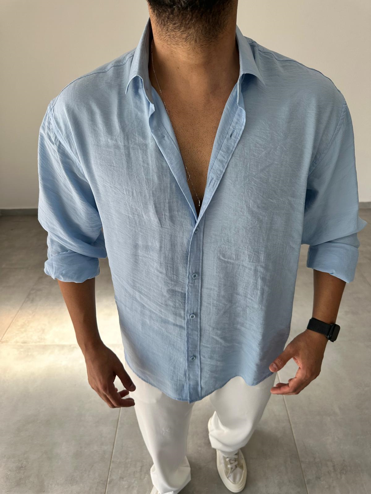 Modal Kumaş Bebe Mavisi Renk Oversize Kesim Gömlek