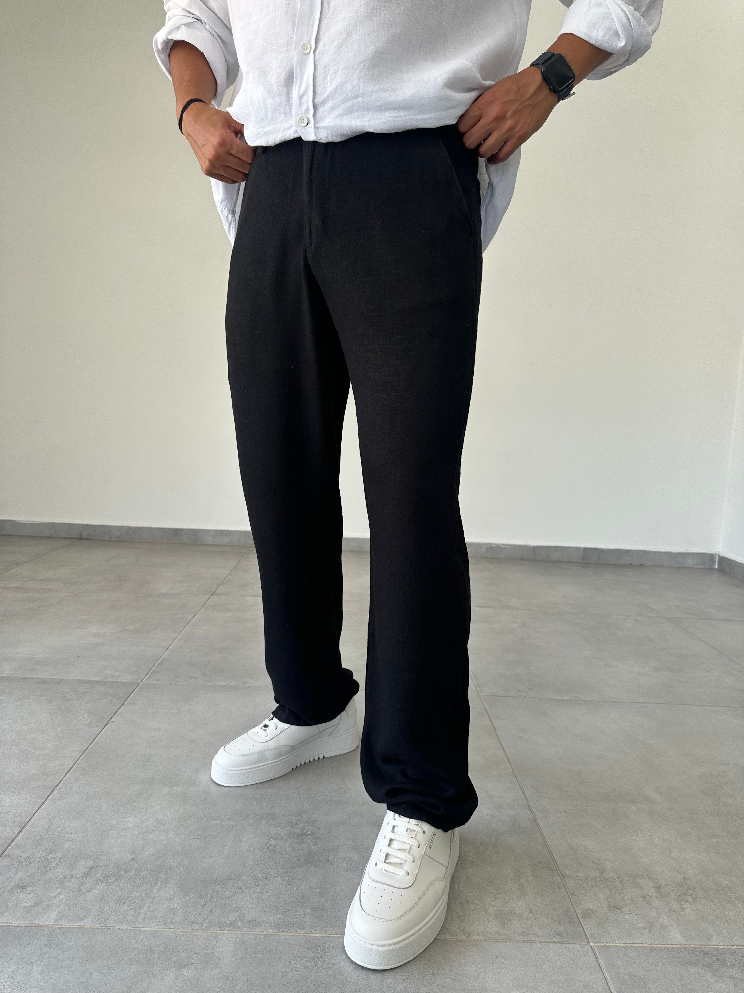 Siyah Renk Bel Kısmı Lastik Ve Bağcık Detaylı Yıkamalı Keten Pantolon