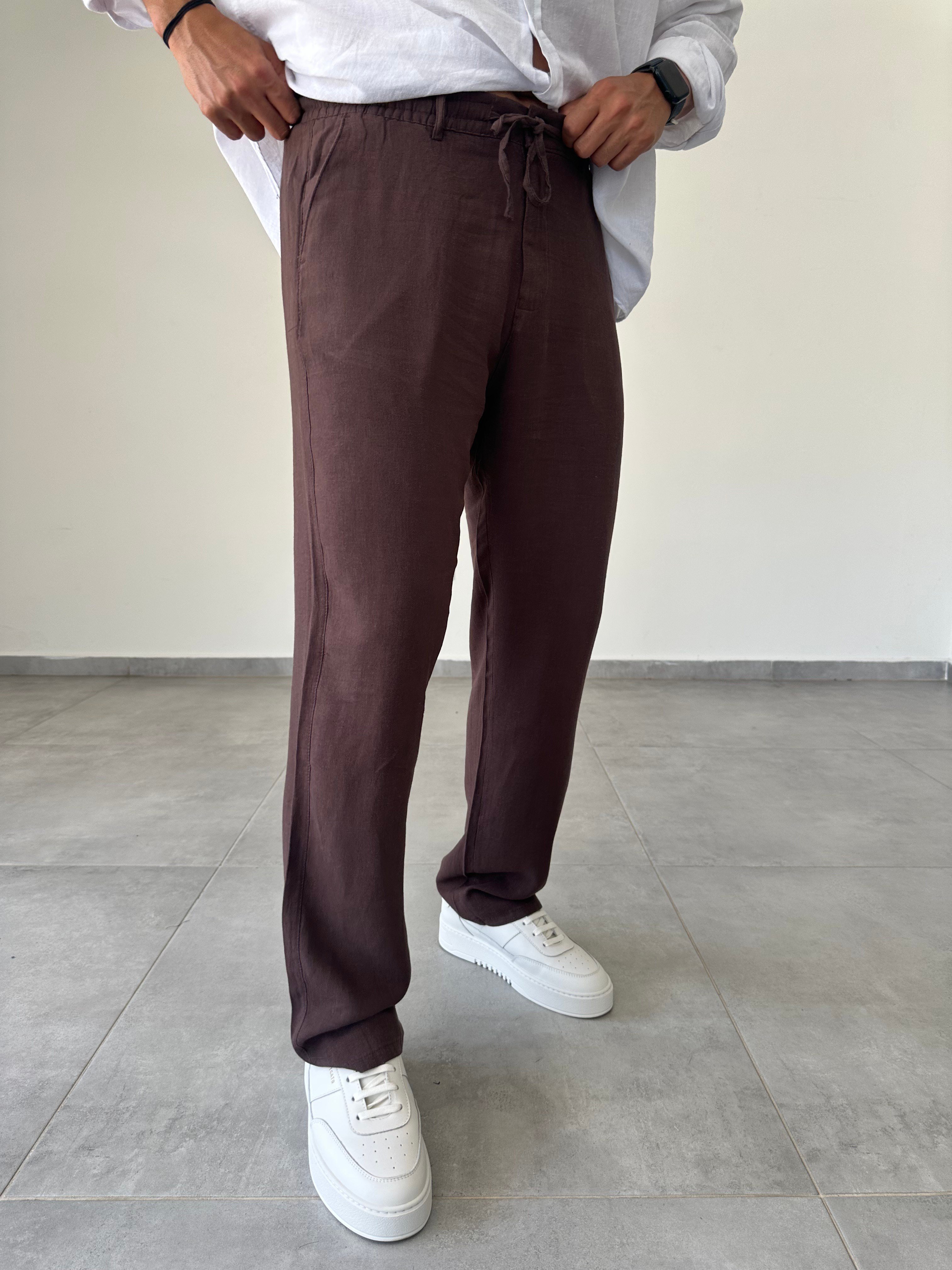 Kahve Renk Renk Bel Kısmı Lastik Ve Bağcık Detaylı Yıkamalı Keten Pantolon