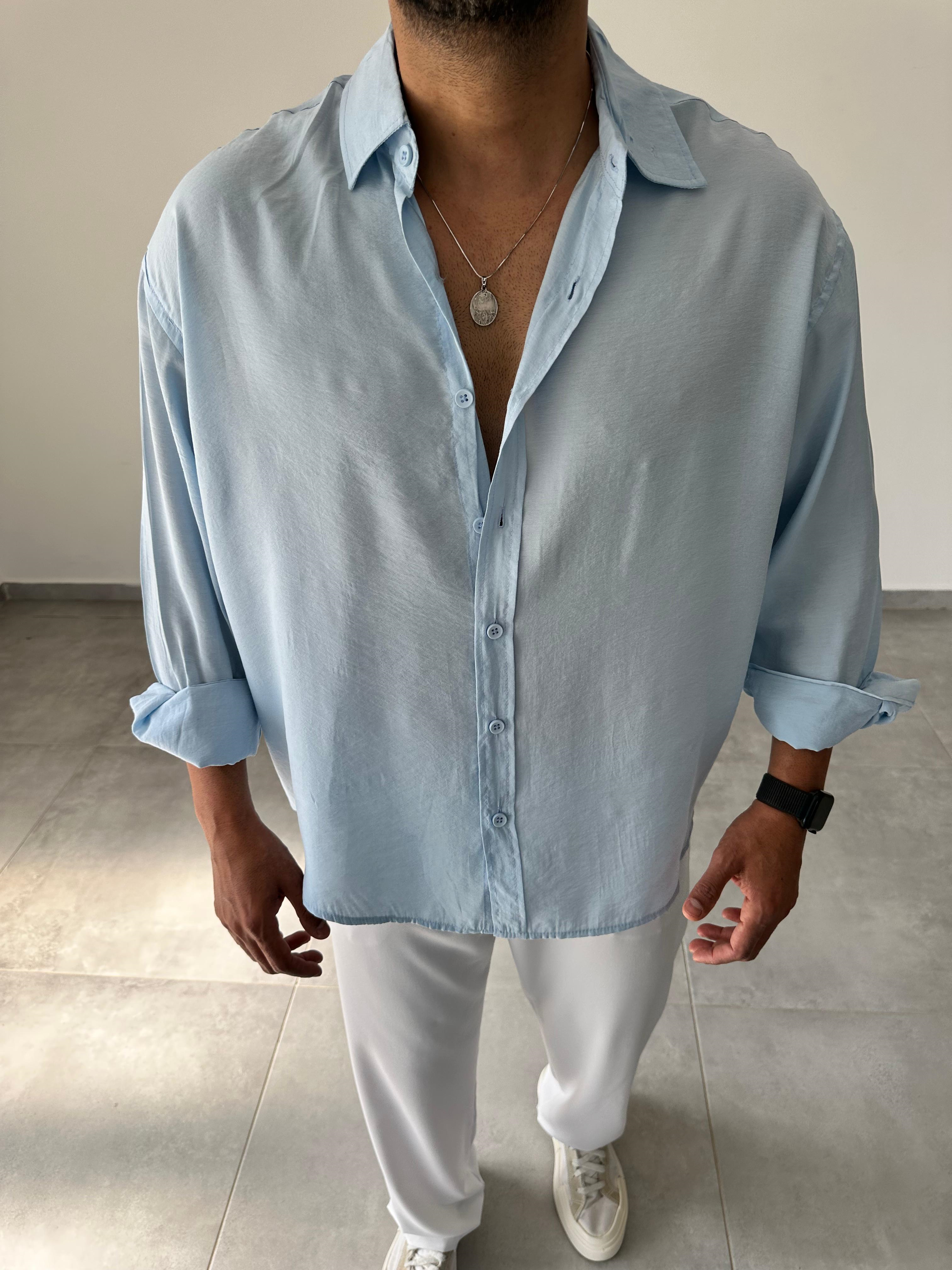 Bebe Mavisi Renk Modal Kumaş Oversize Kesim Basic Gömlek