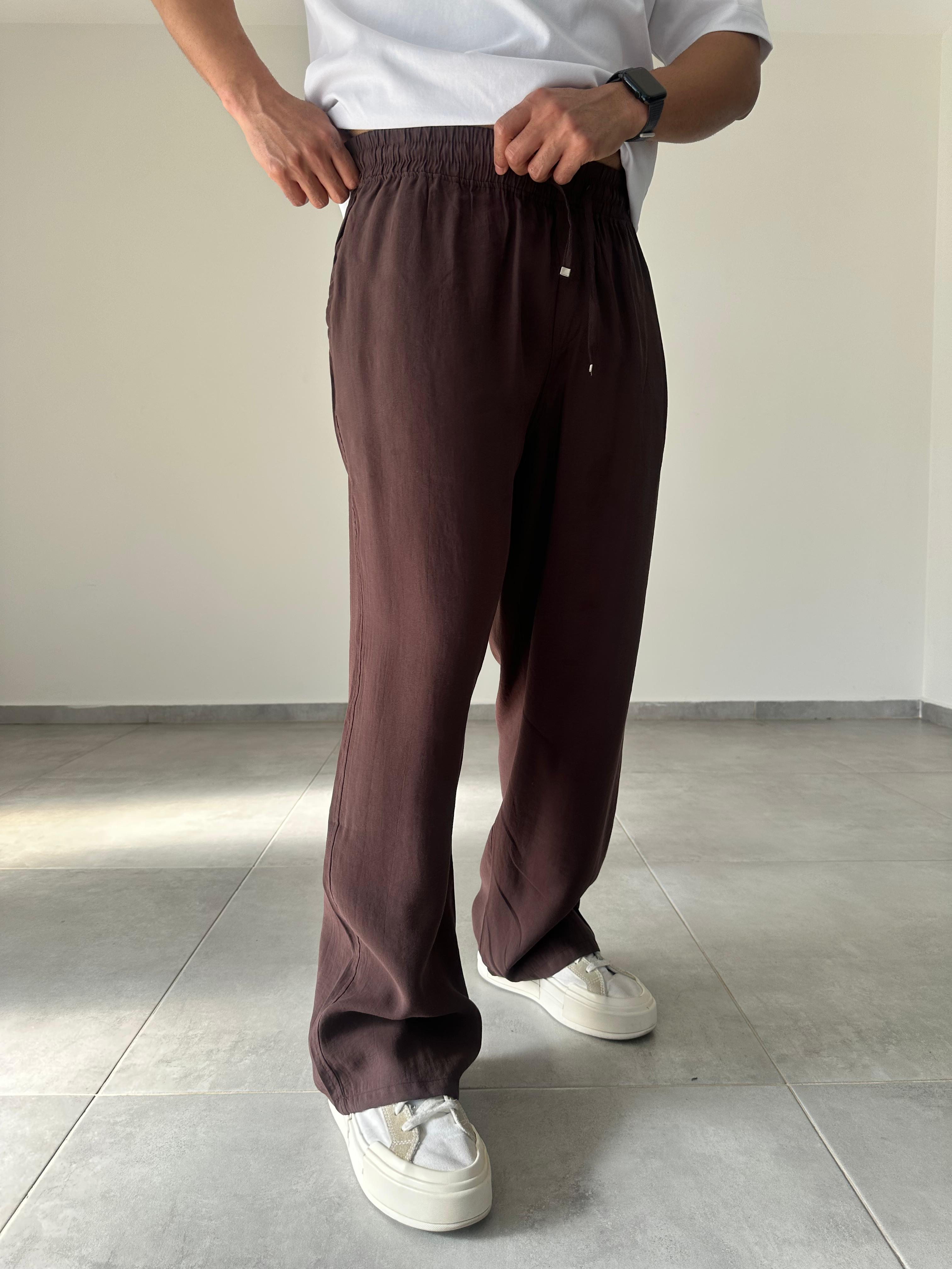 Tensel Kumaş Kahve Renk Rahat Kesim İnce Baggy Pantolon