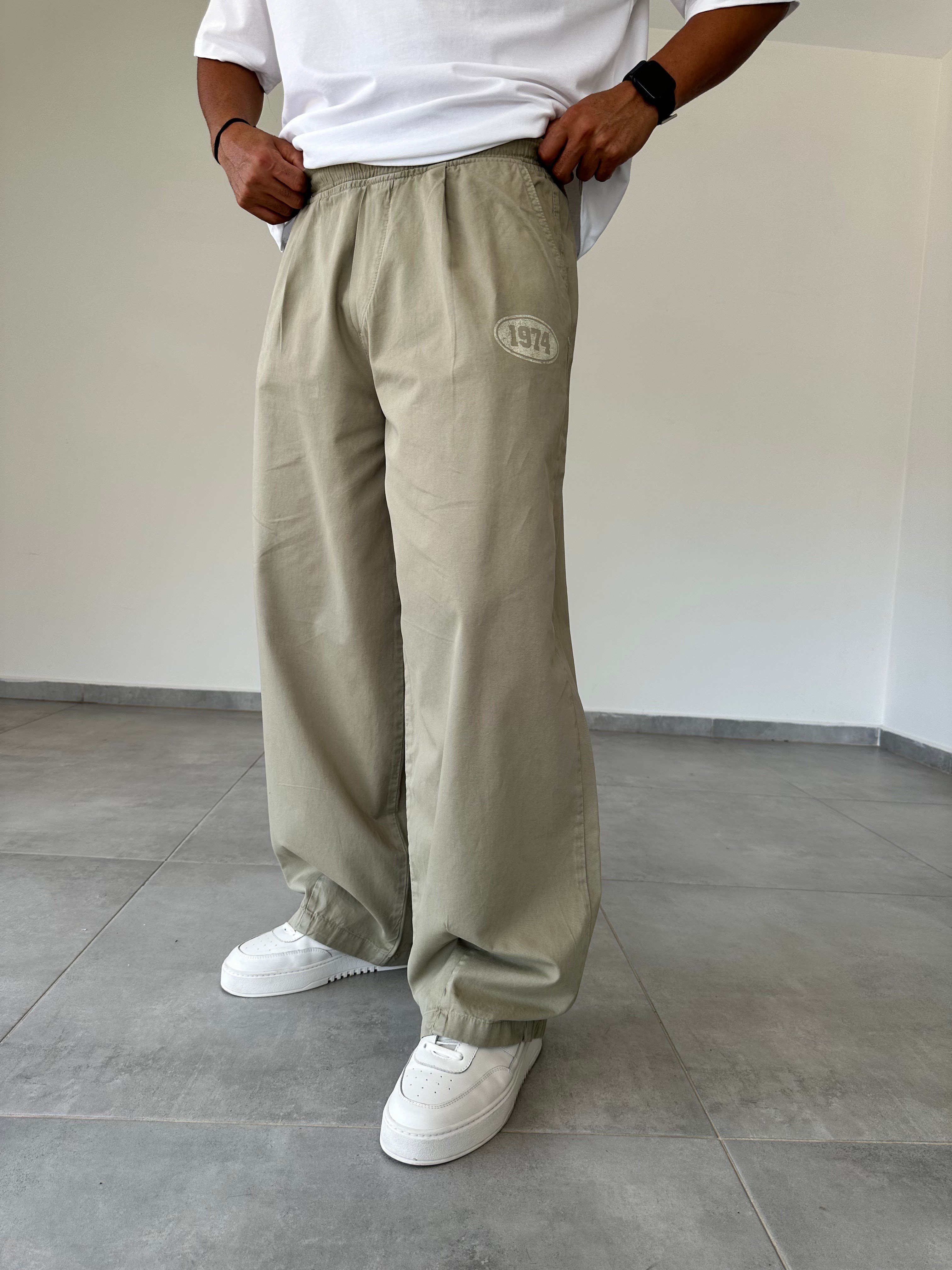 Yeşil Renk 1974 Baskı Detaylı Ekstra Bol Gabardin Baggy