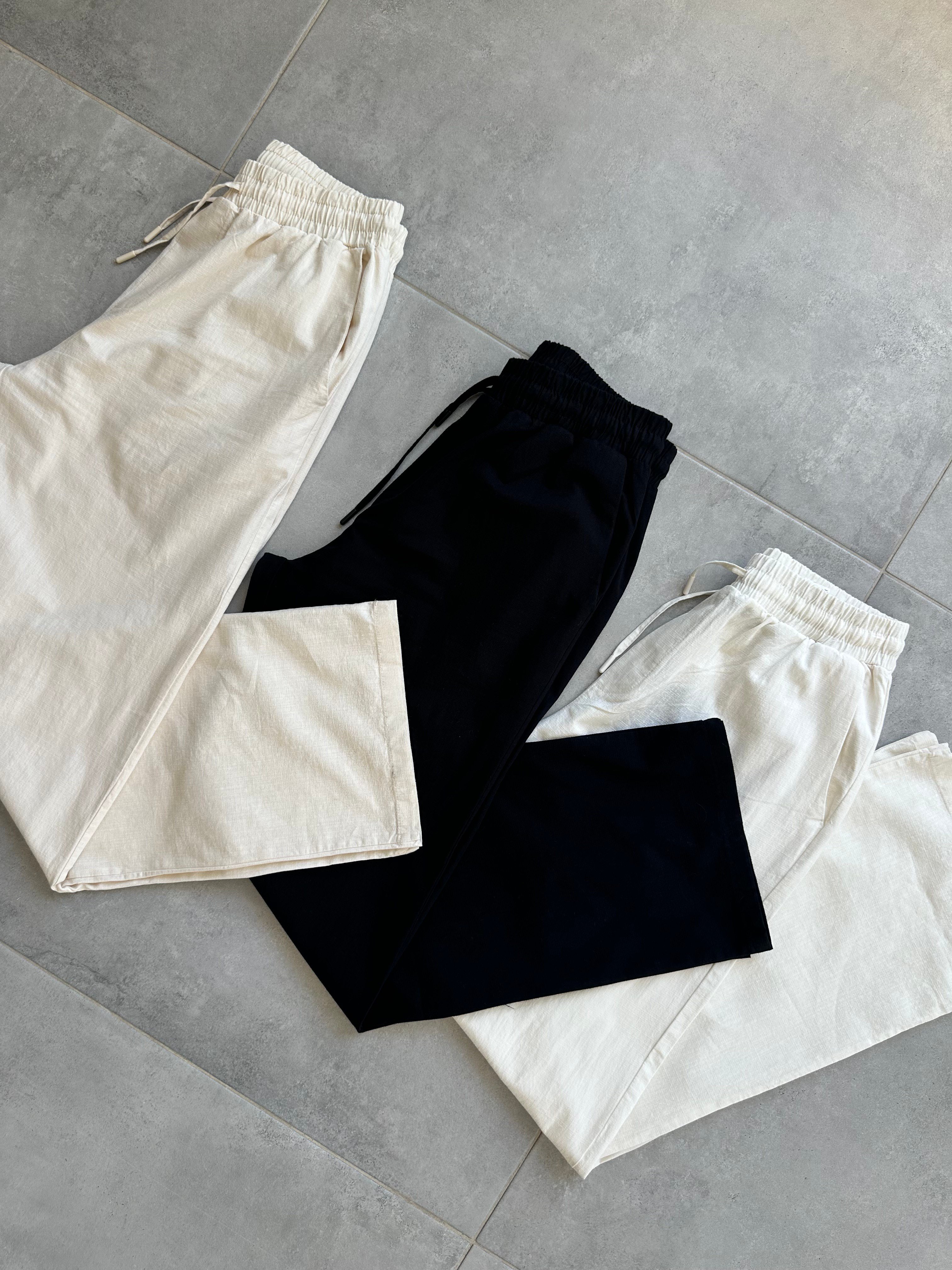 Bej Renk Bel Kısmı Lastikli Basic Baggy Keten Pantolon