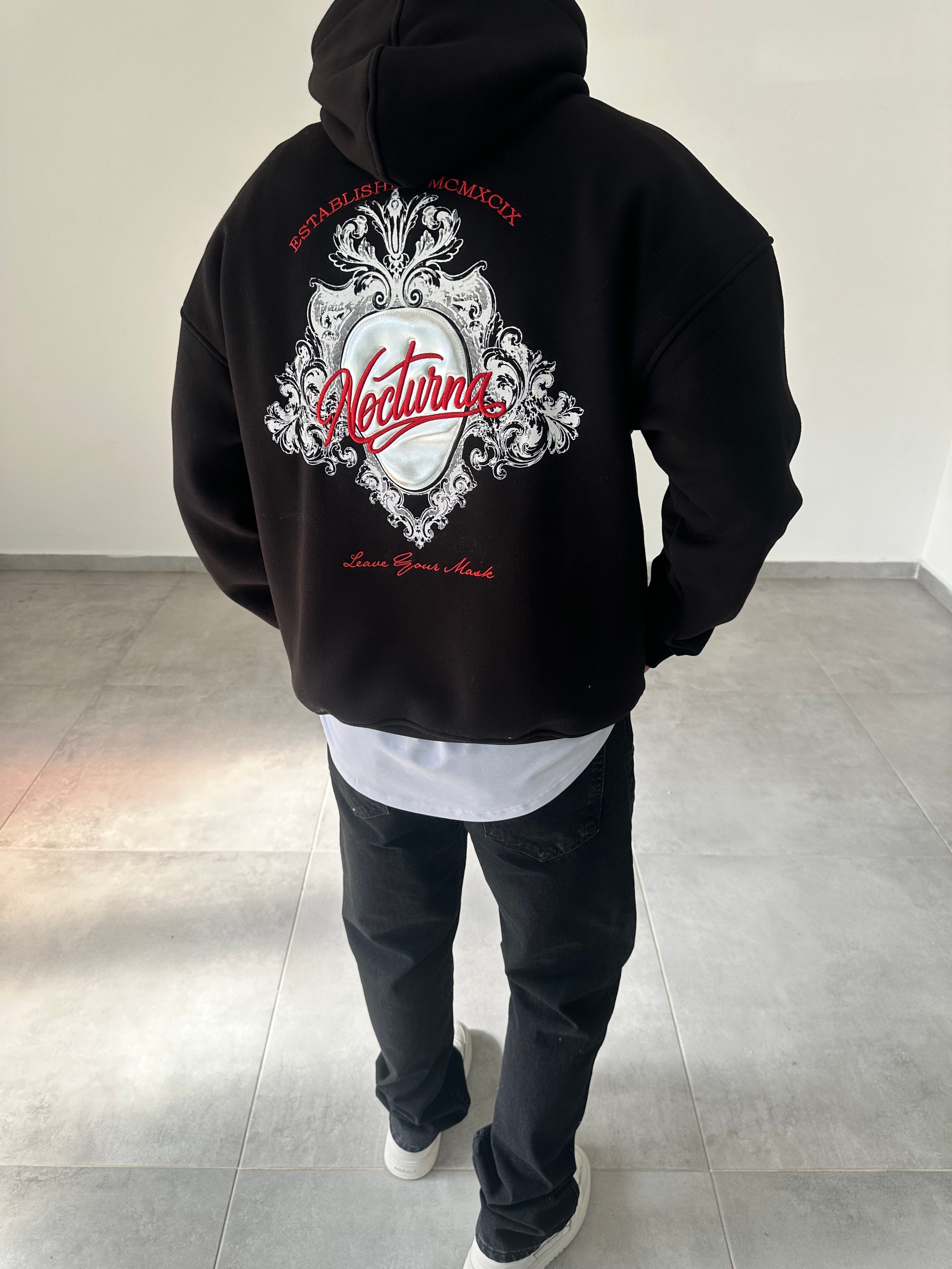 Siyah Nocturna Pantch Ve Baskı Detaylı Premium Kapüşonlu Sweatshirt