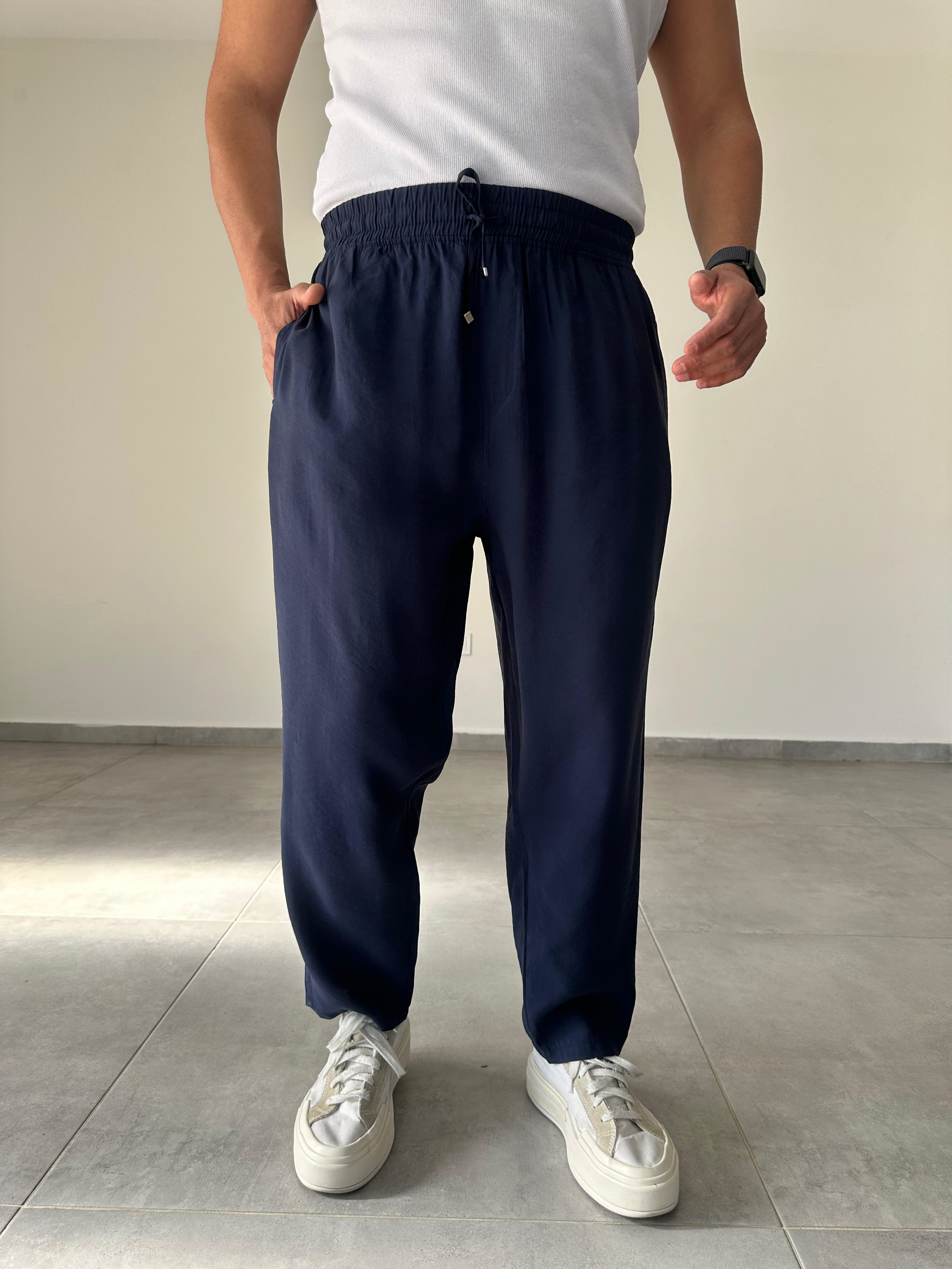 Tensel Kumaş Lacivert Renk Boyfriend Rahat Kesim İnce Jogger