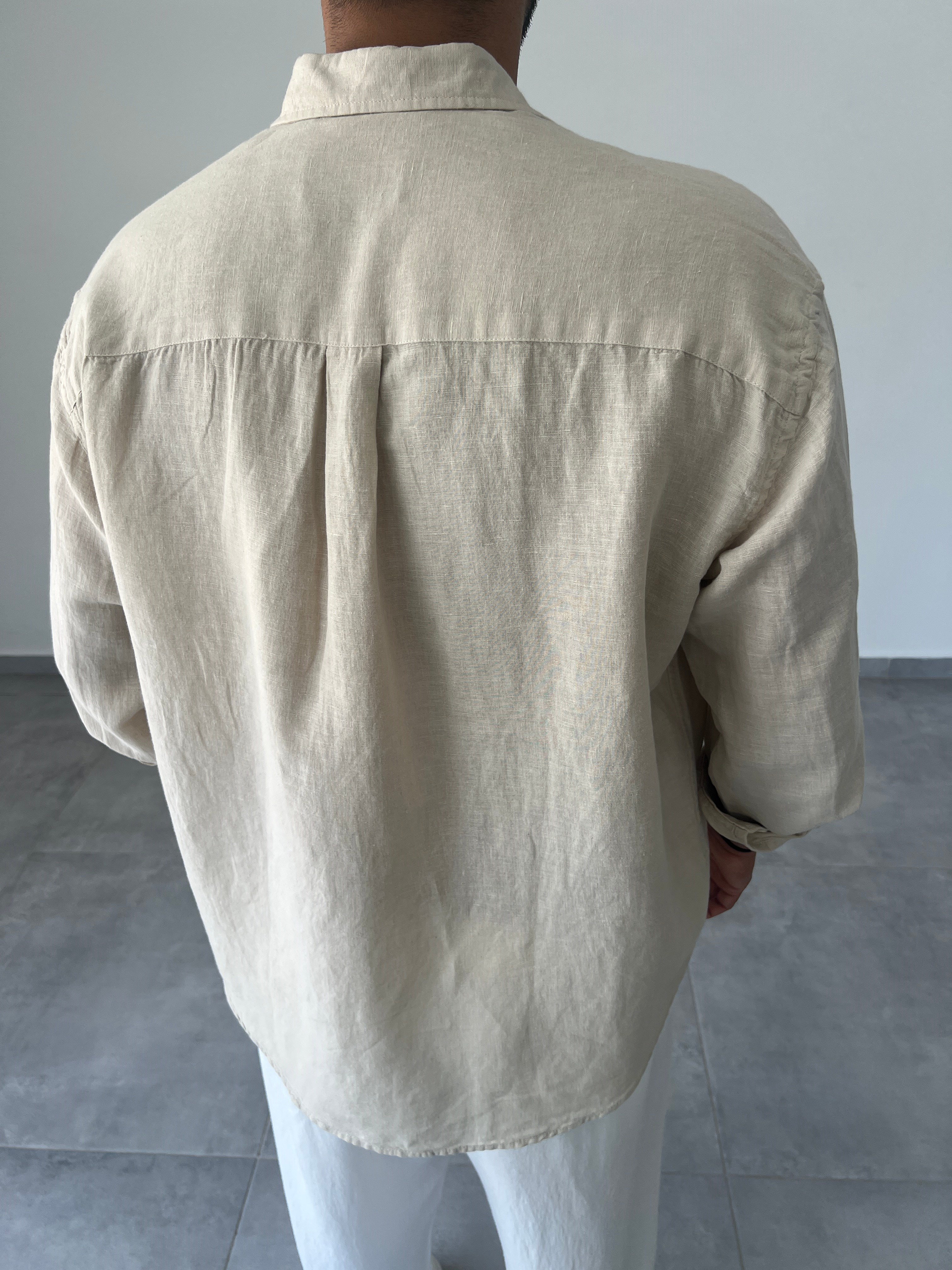 Ham Keten Oversize Kesim Taş Renk Premium Keten Gömlek