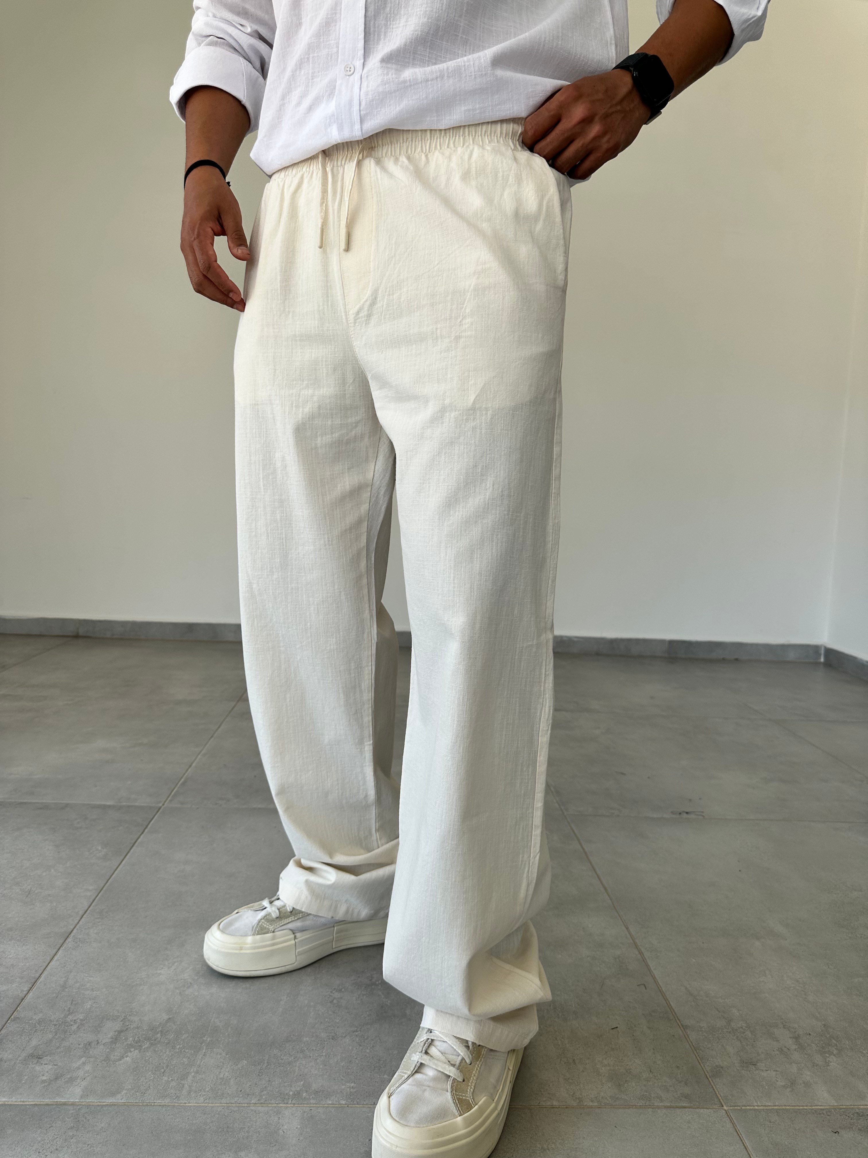 Bej Renk Bel Kısmı Lastikli Basic Baggy Keten Pantolon