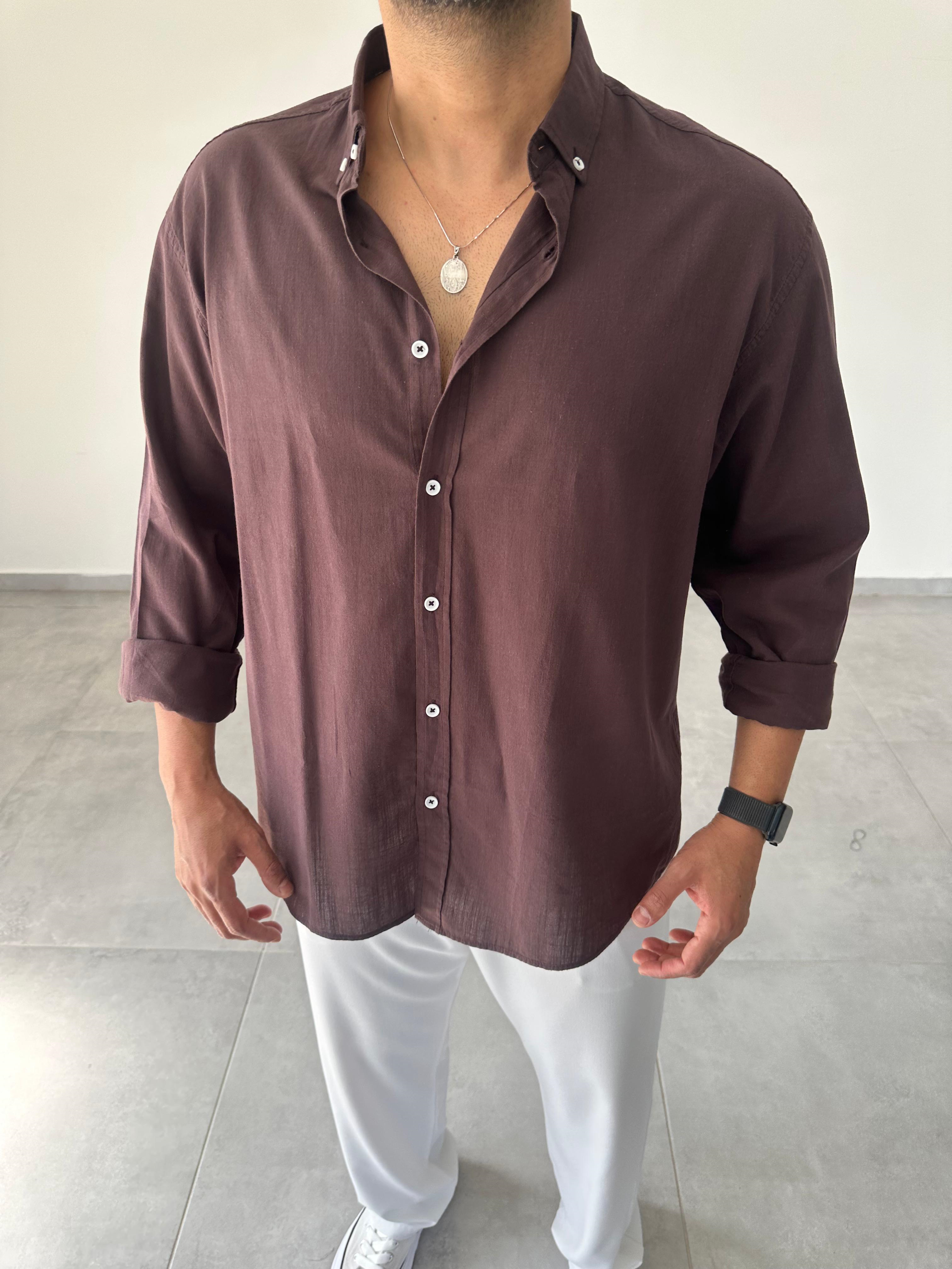 Kahve Renk Oversize Kesim Fresh Keten Gömlek