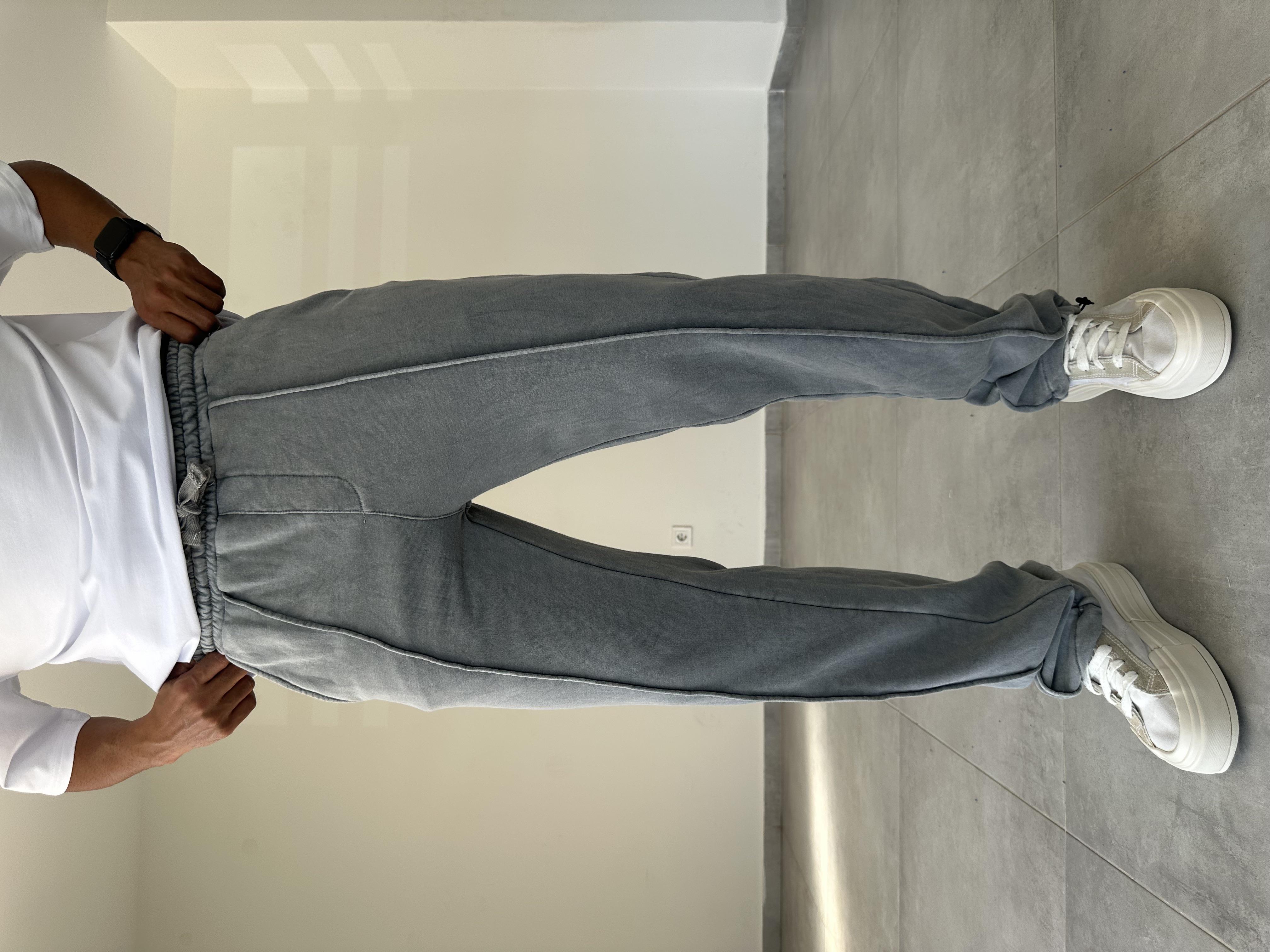 Ön Kısmı Çıma Detaylı Gri Renk Yıkamalı Kumaş Paça Kısmı Stoperli Baggy Eşofman