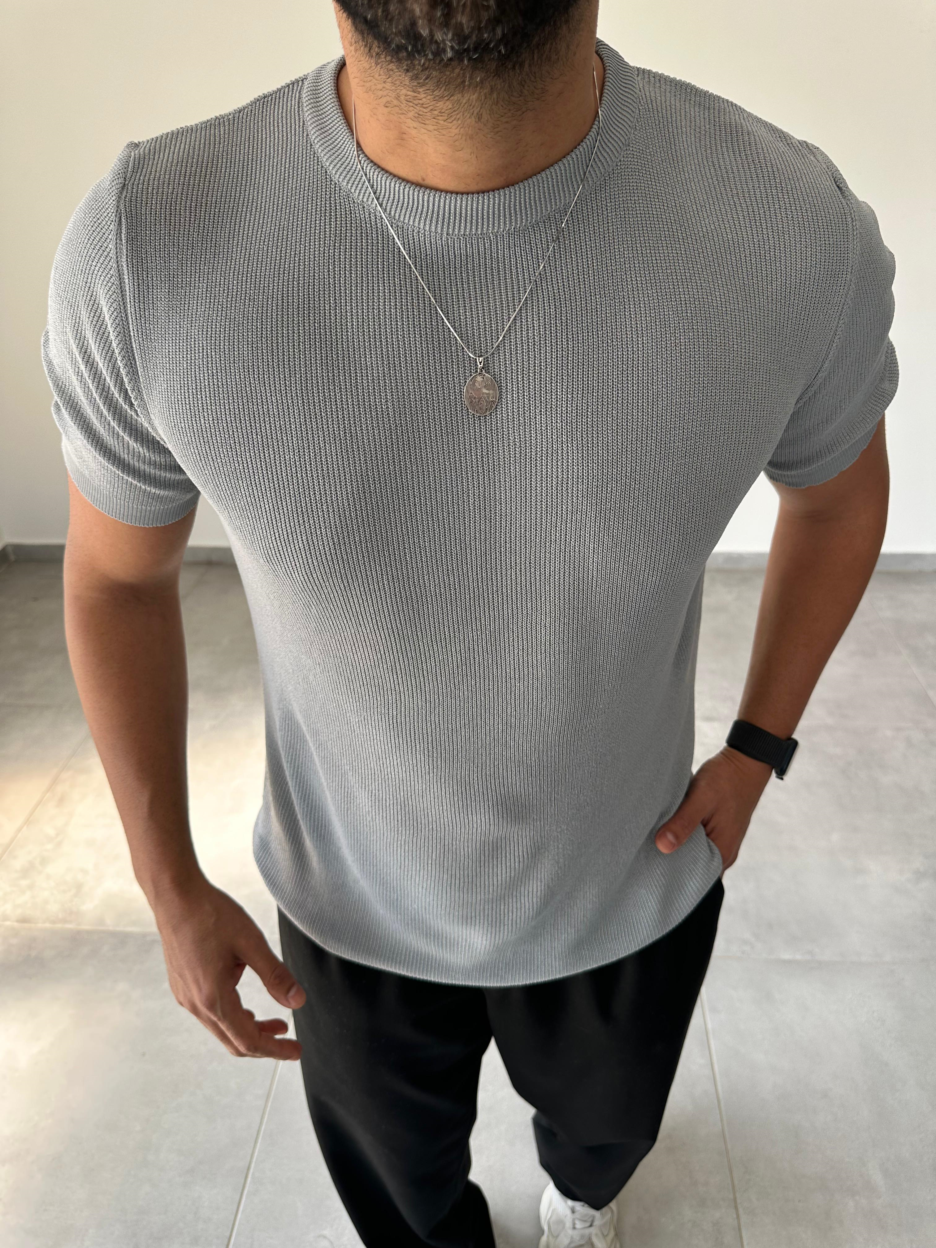 Gri Renk Selanik Örme Regular Fit T-Shirt