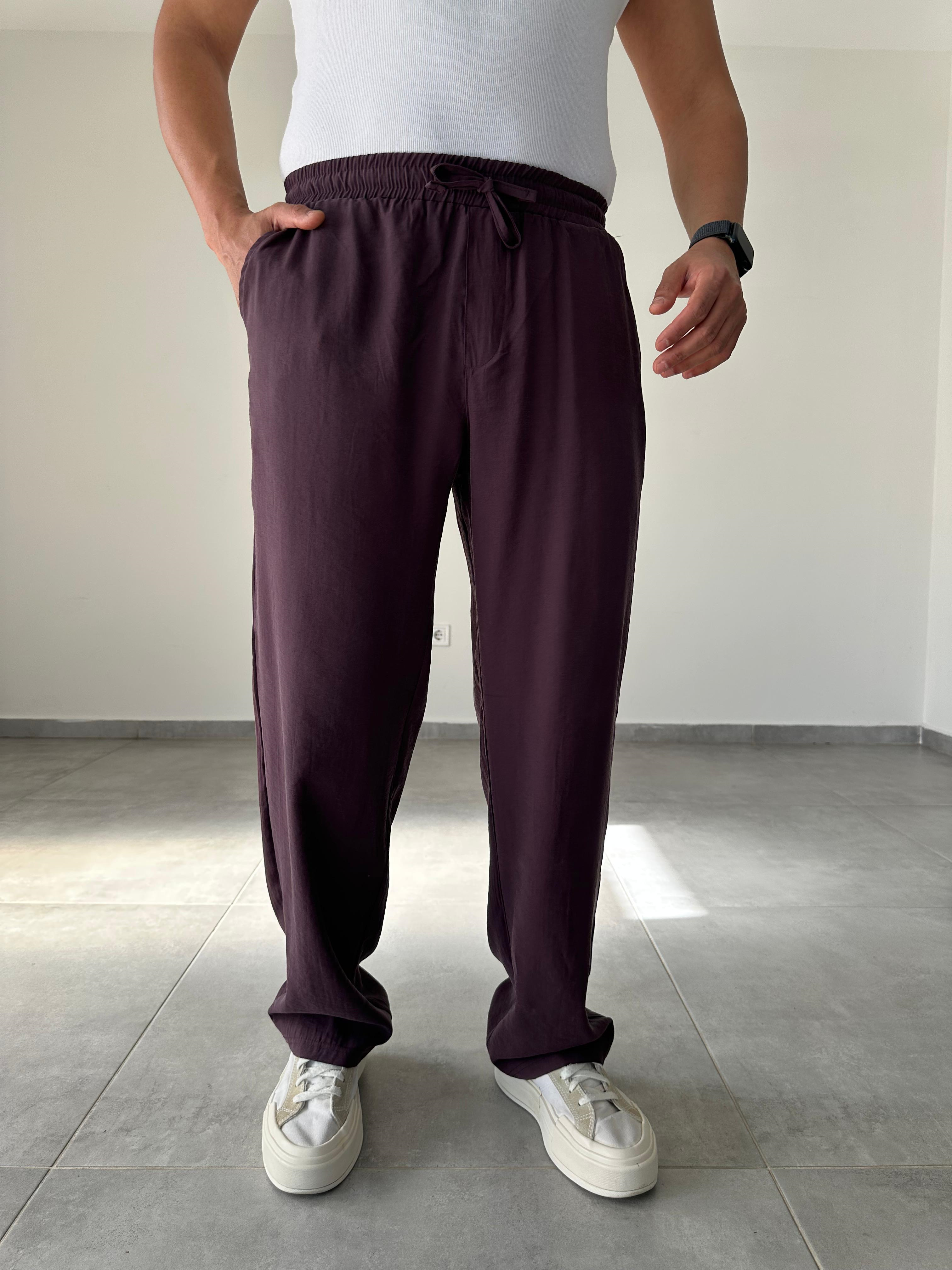 Modal Kumaş Mürdüm Renk Bel Kısmı Lastikli Basic Baggy Pantolon