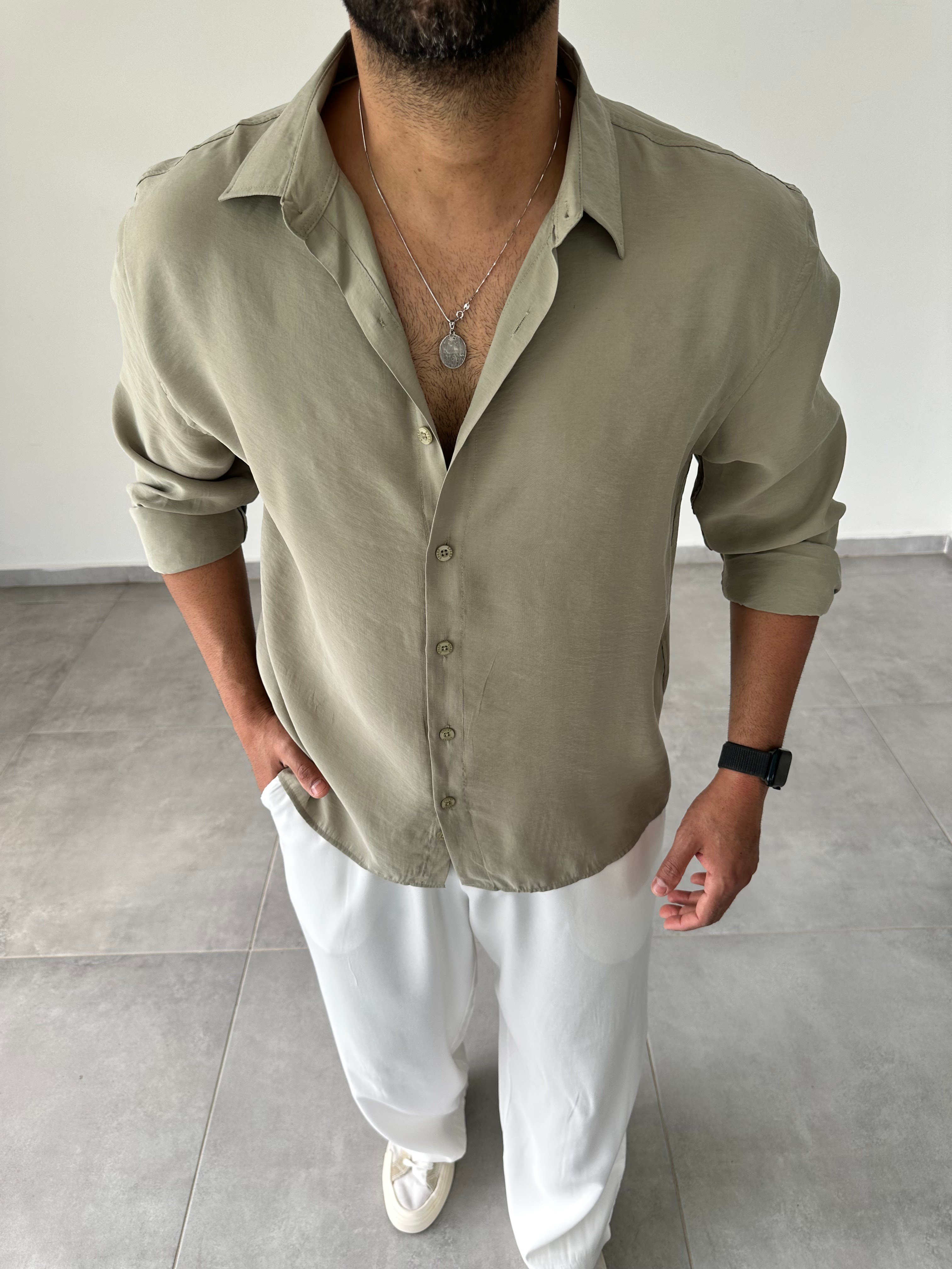 Küf Yeşili Modal Kumaş Oversize Basic Gömlek
