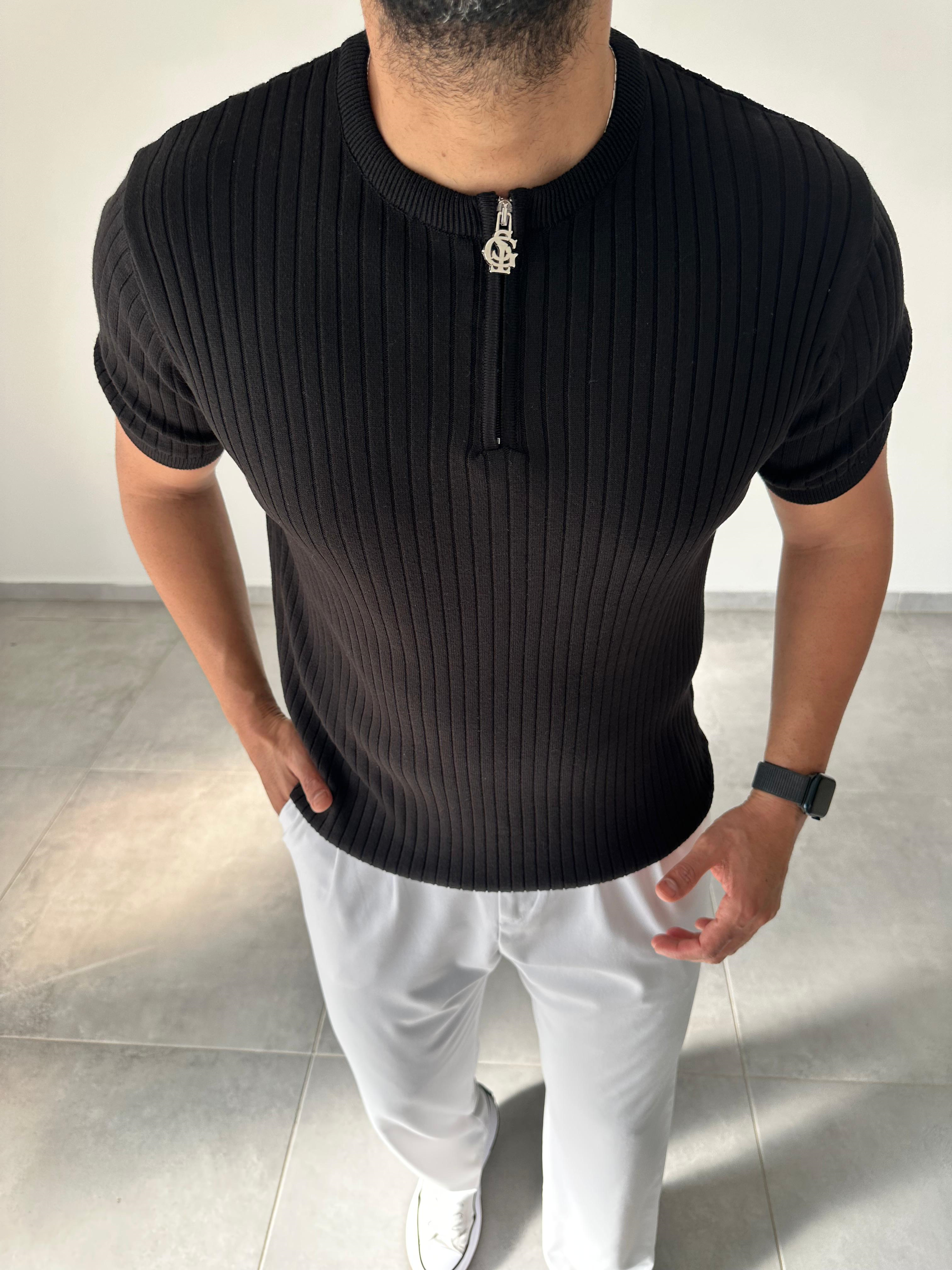 Siyah Renk Fermuar Detaylı Premium Kalite Basic Triko T-Shirt