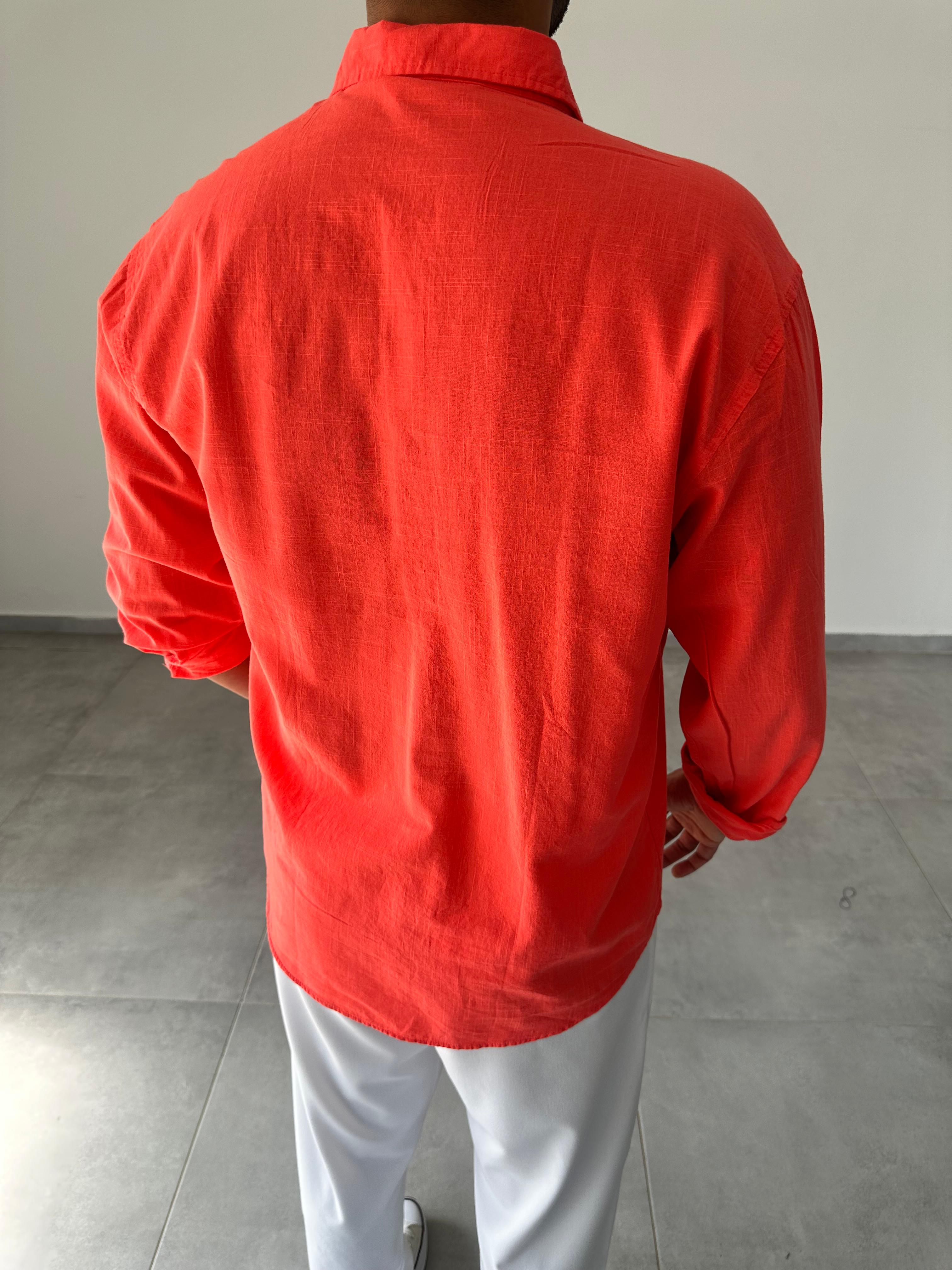 Nar Çiçeği Renk Oversize Kesim Fresh Keten Gömlek