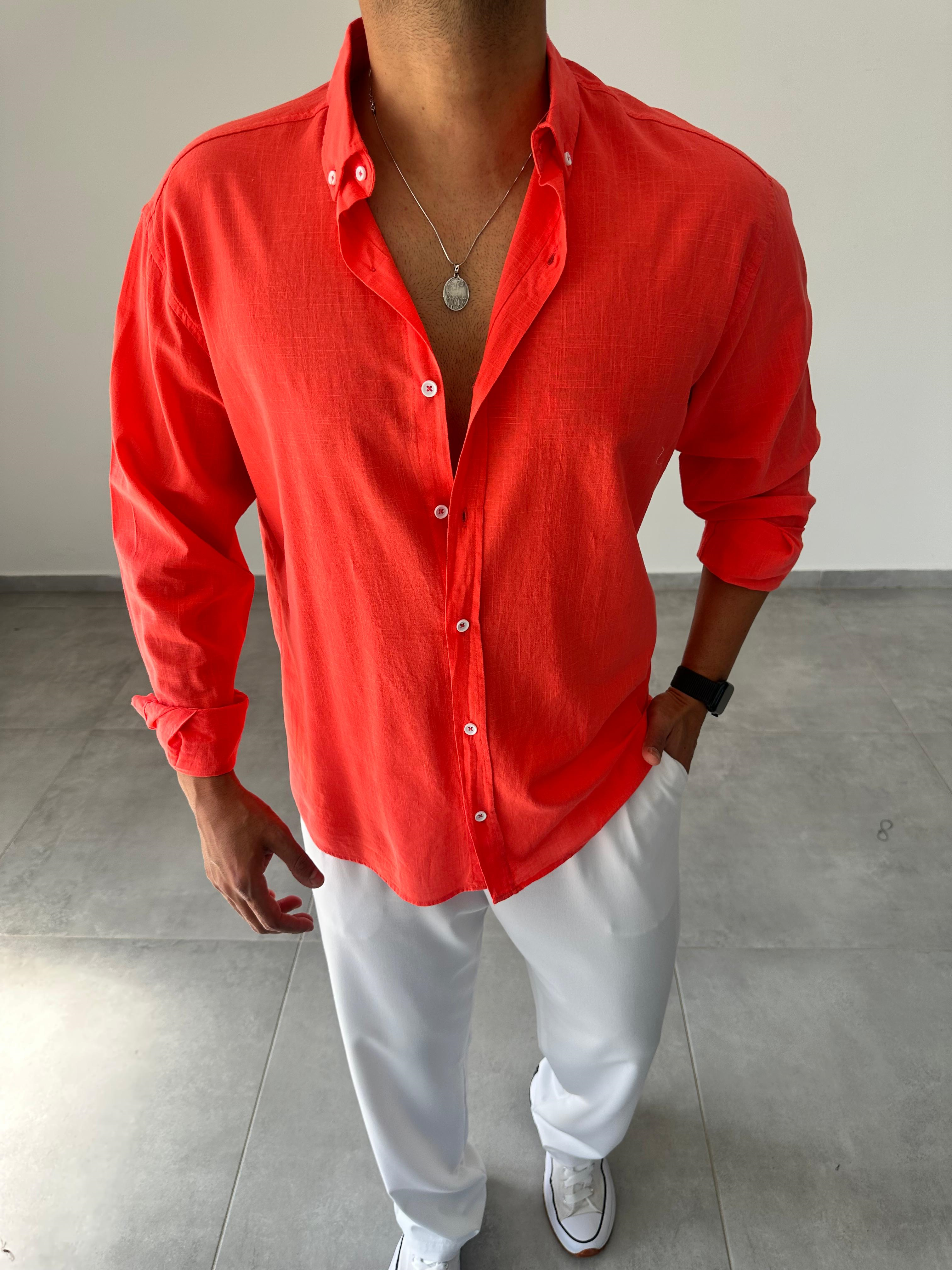 Nar Çiçeği Renk Oversize Kesim Fresh Keten Gömlek