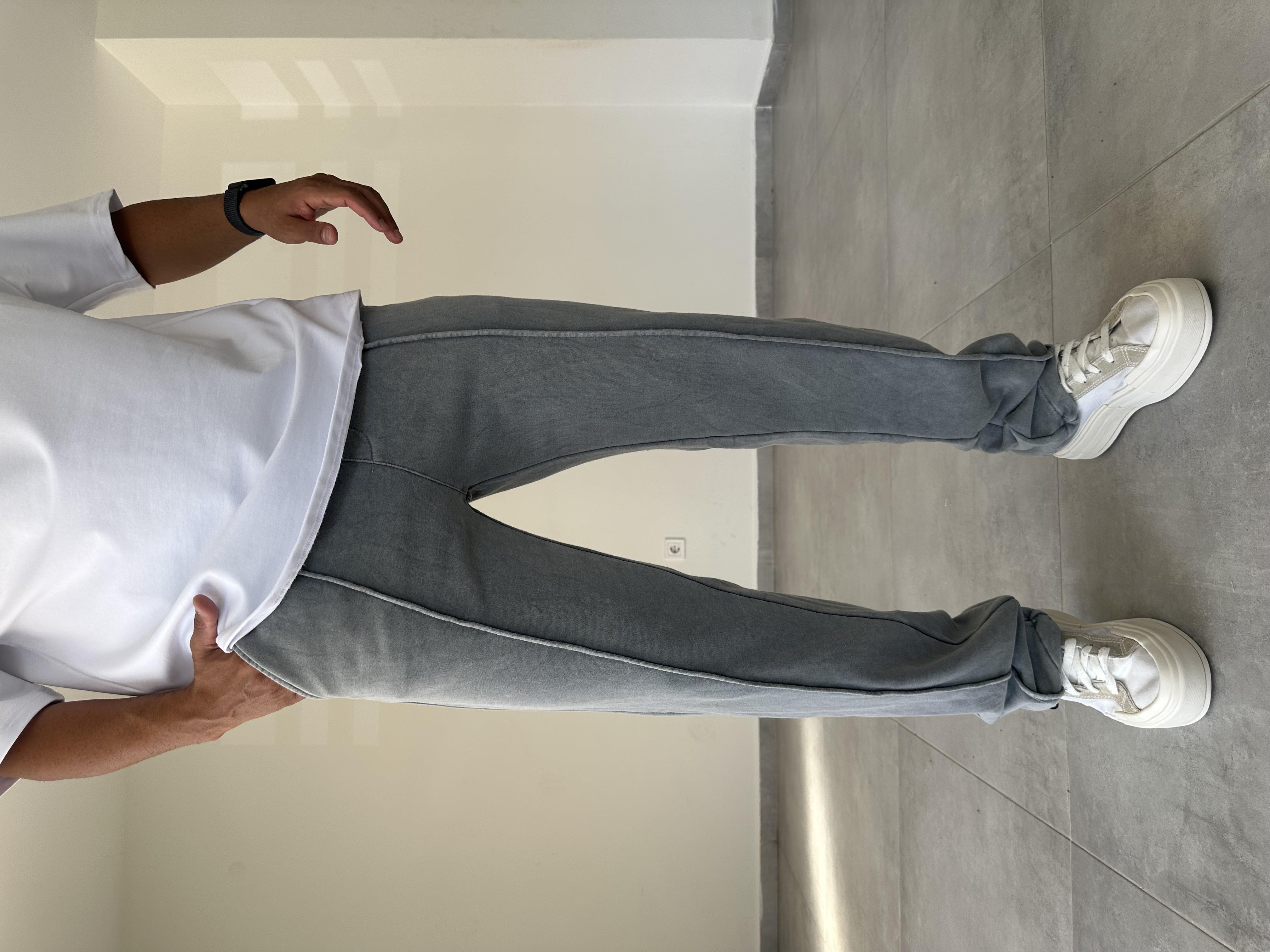 Ön Kısmı Çıma Detaylı Gri Renk Yıkamalı Kumaş Paça Kısmı Stoperli Baggy Eşofman