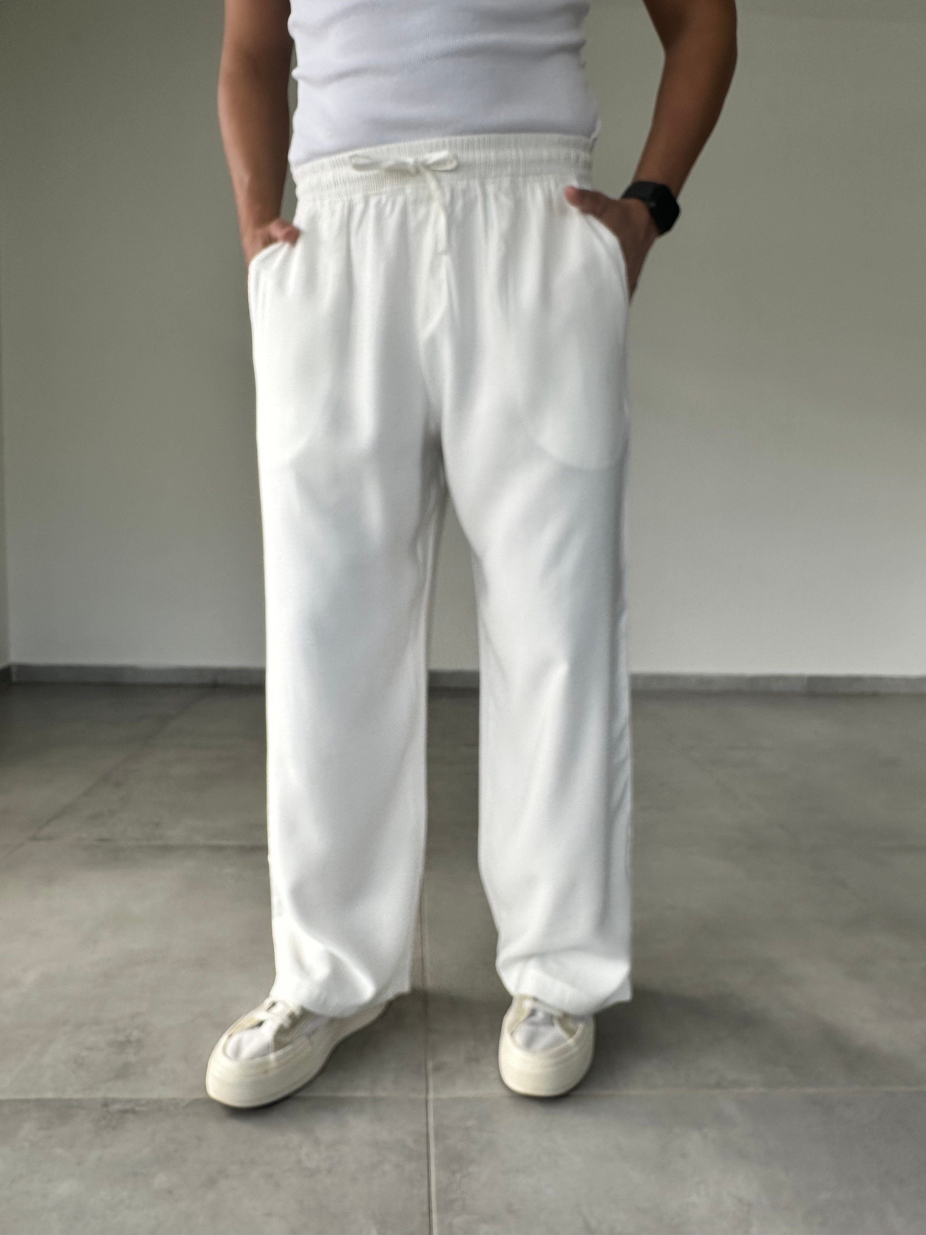 Modal Kumaş Çift Cep Detaylı Beyaz Renk Basic Baggy Pantolon