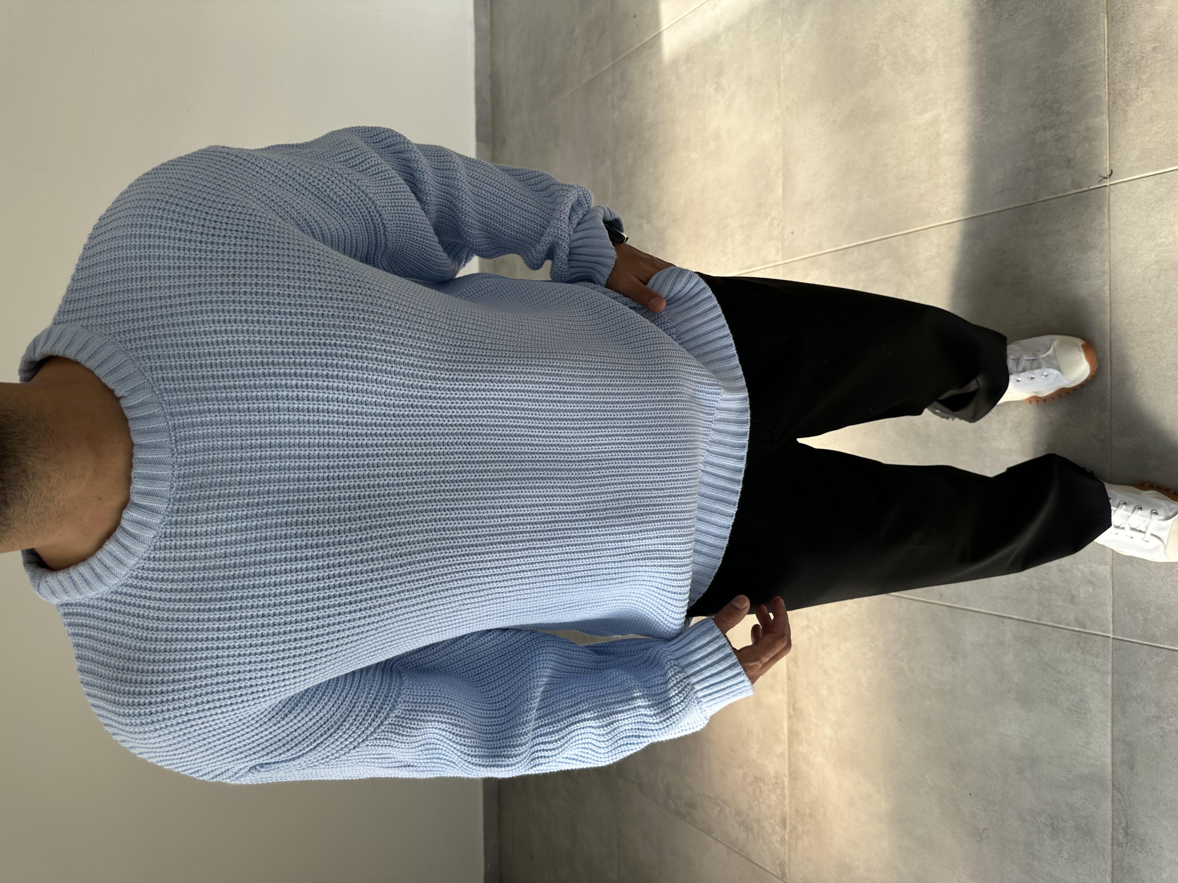 Bebe Mavisi Zincir Dikiş Detaylı Oversize Kesim Premium Örme Kazak