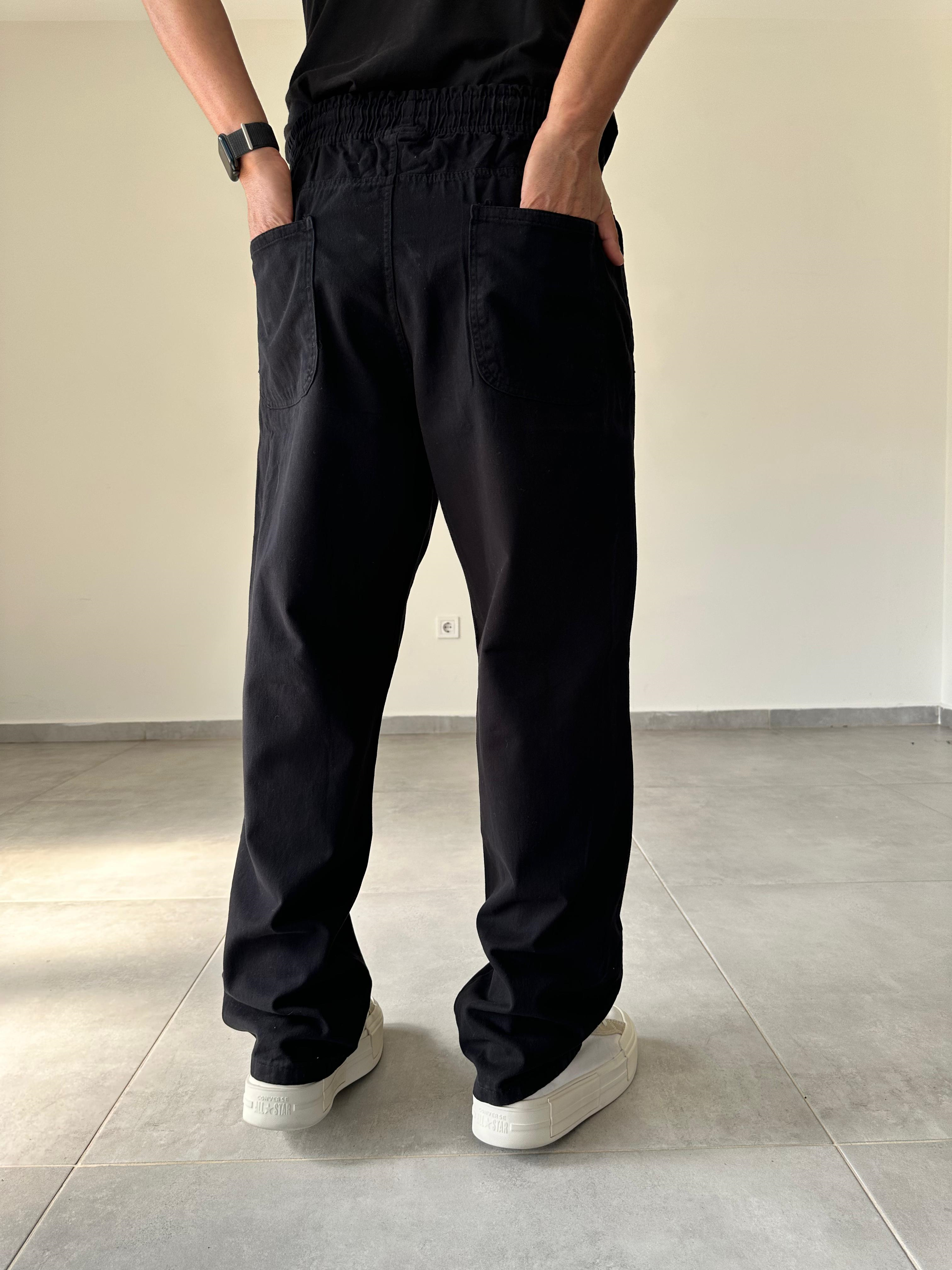 Siyah Renk Rahat Kesim Gabardin Kumaş Basic Baggy Pantolon