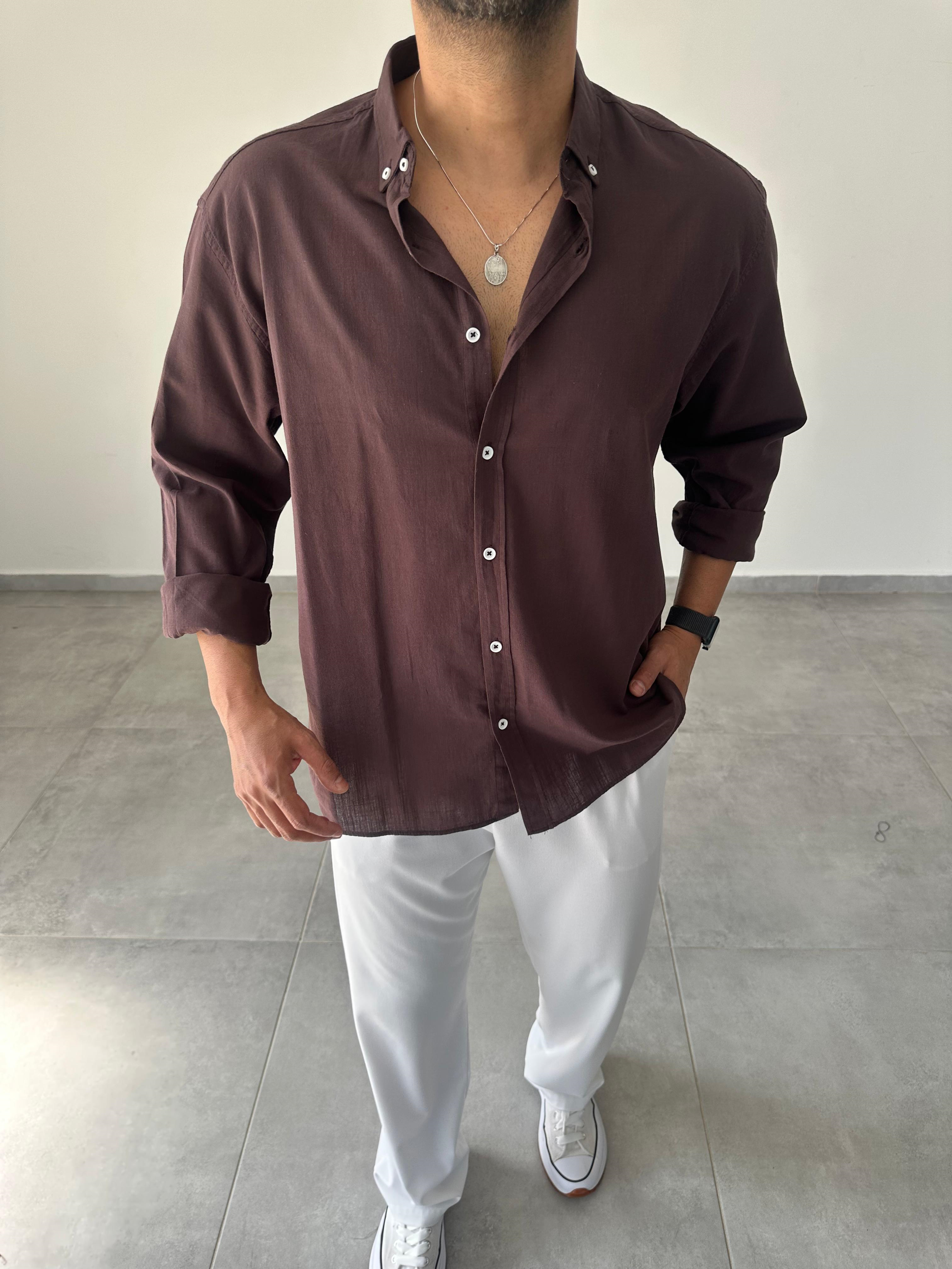 Kahve Renk Oversize Kesim Fresh Keten Gömlek