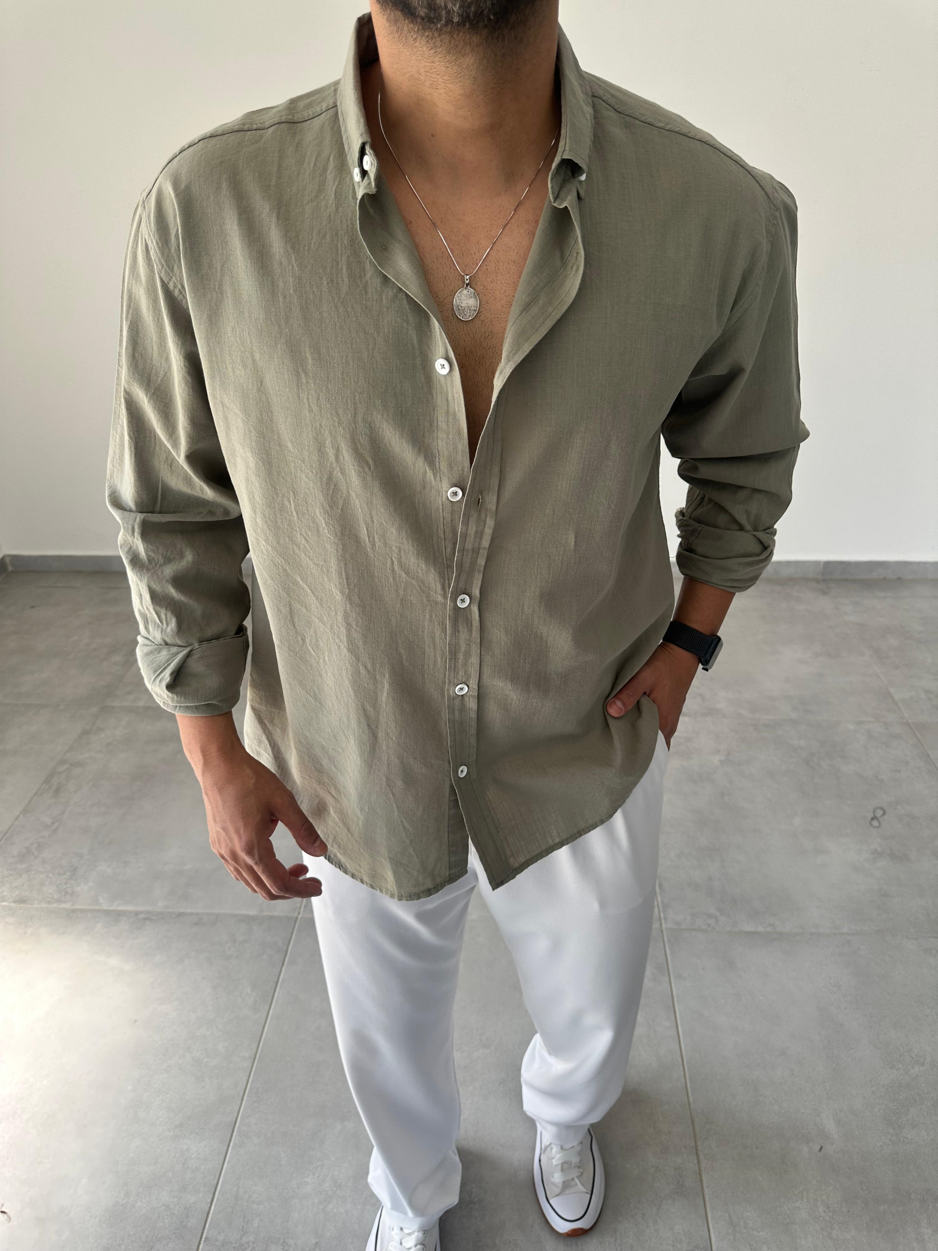 Haki Yeşili Oversize Kesim Fresh Keten Gömlek